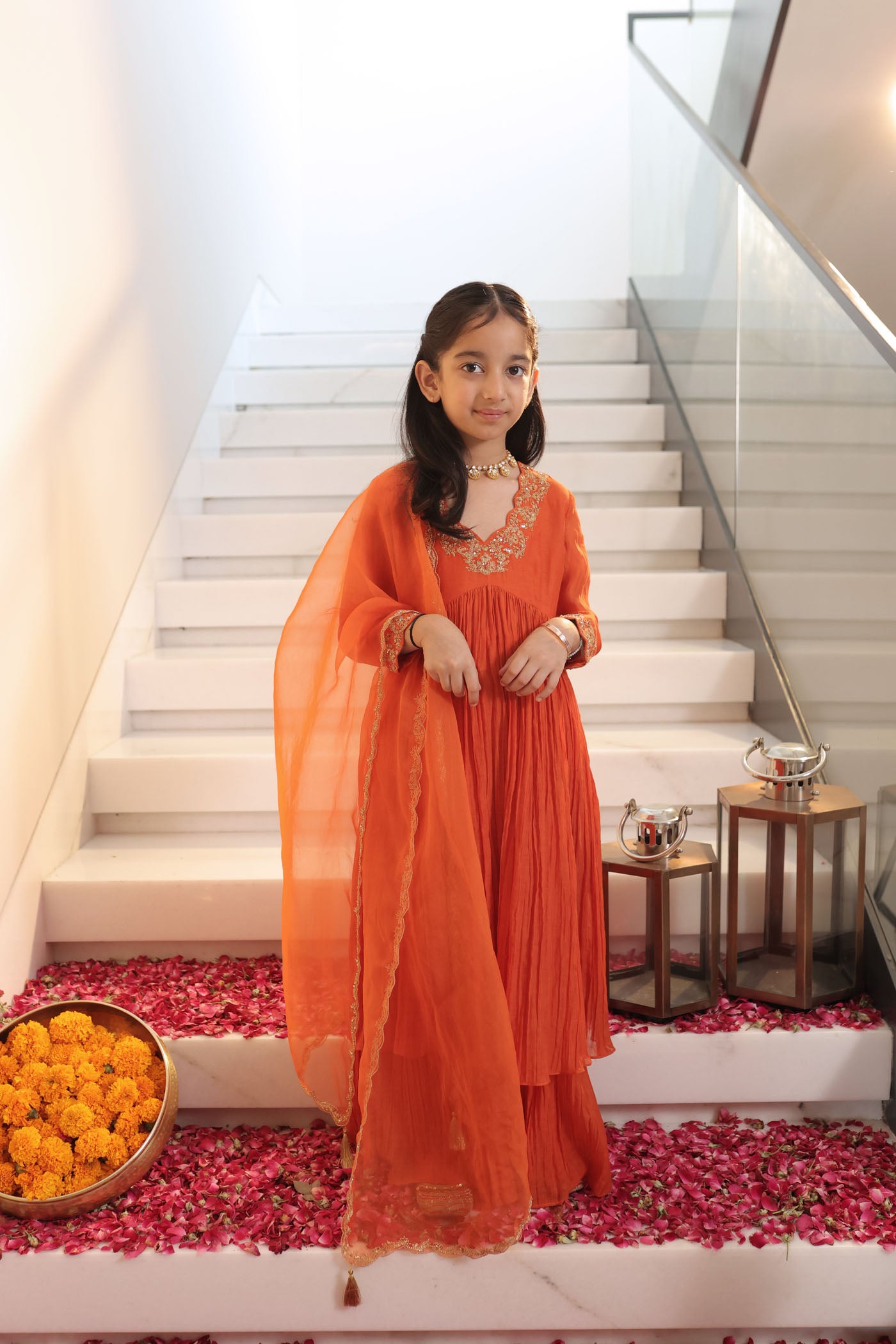 Tangerine micro pleated anarkali set with fine golden zari embroidery