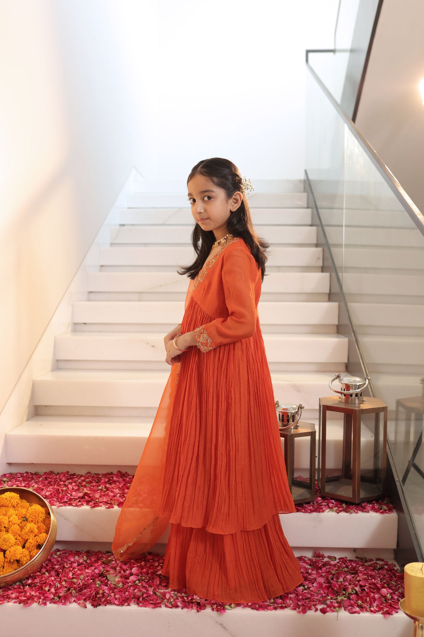 Tangerine micro pleated anarkali set with fine golden zari embroidery