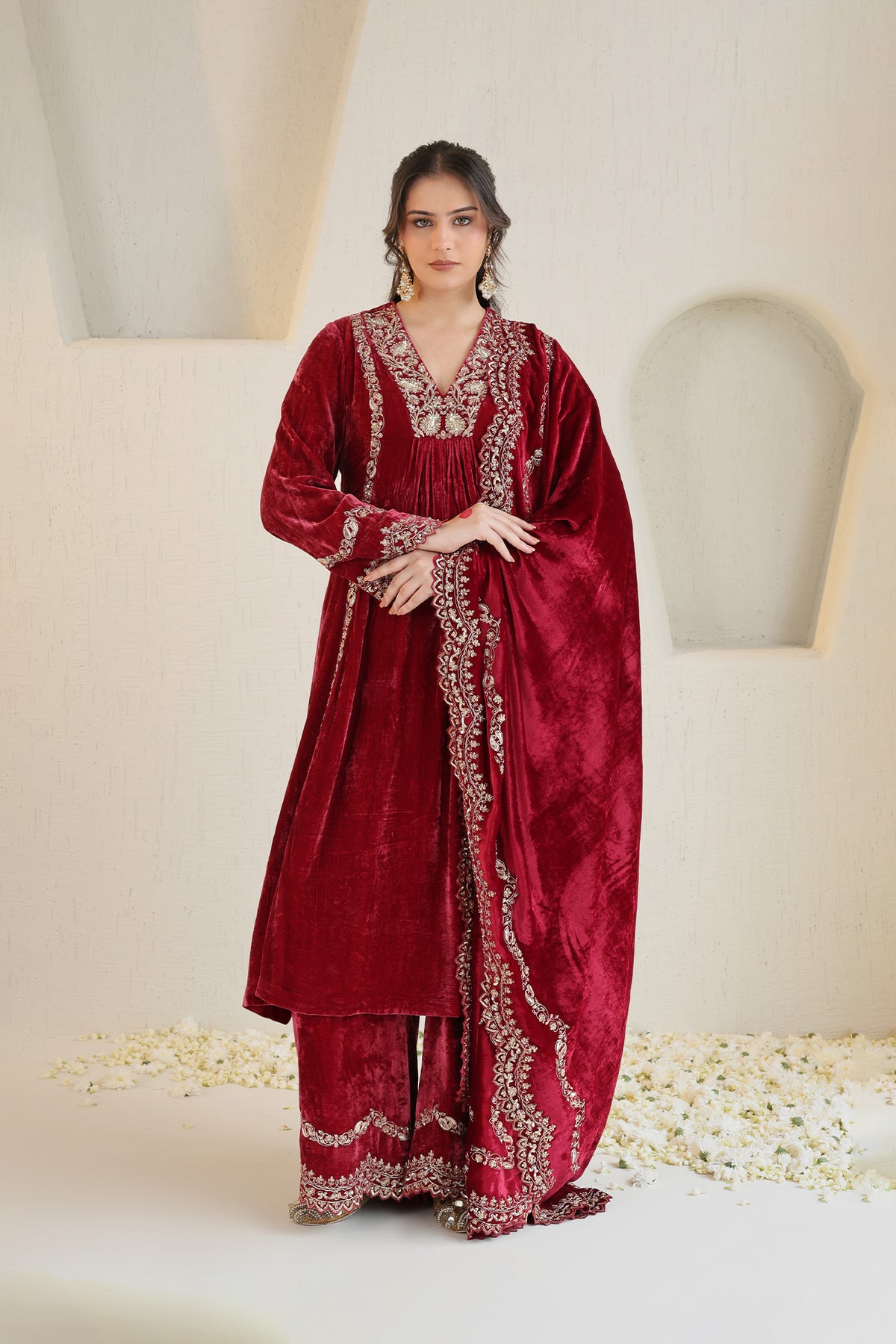Deeply maroom velvet suit set will gold embroidery and detailed dupatta