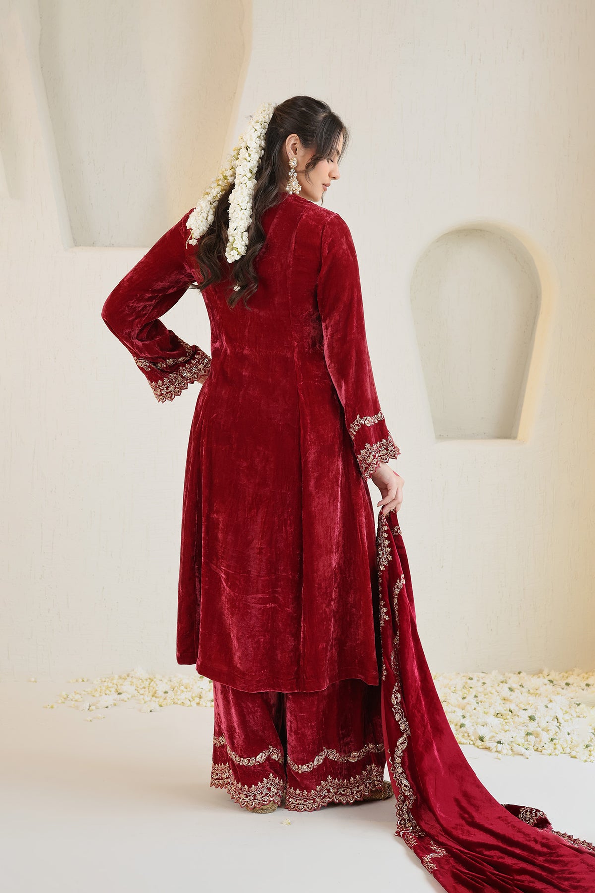 Deeply maroom velvet suit set will gold embroidery and detailed dupatta