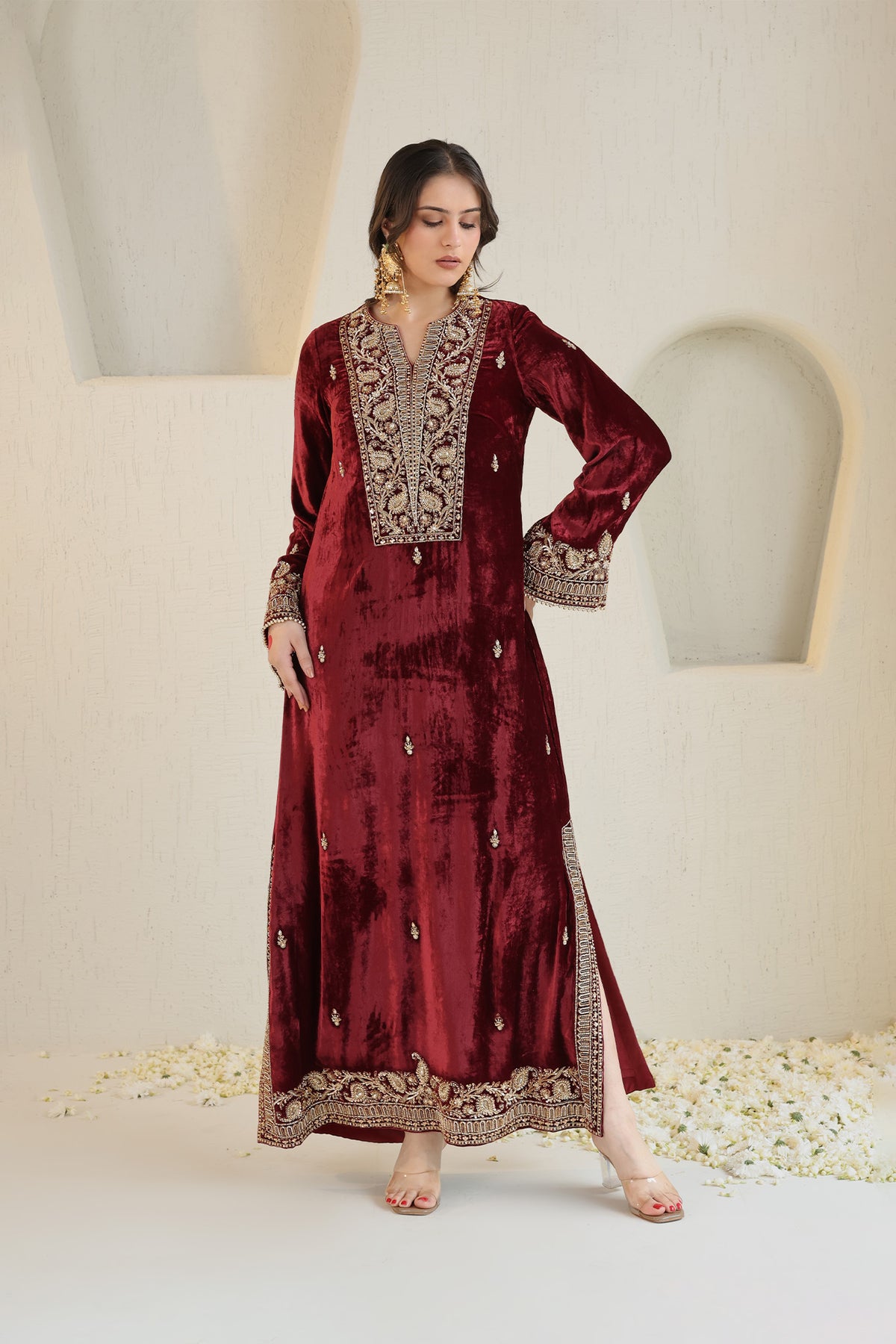 Maroon velvet ensemble with delicate embroidery
