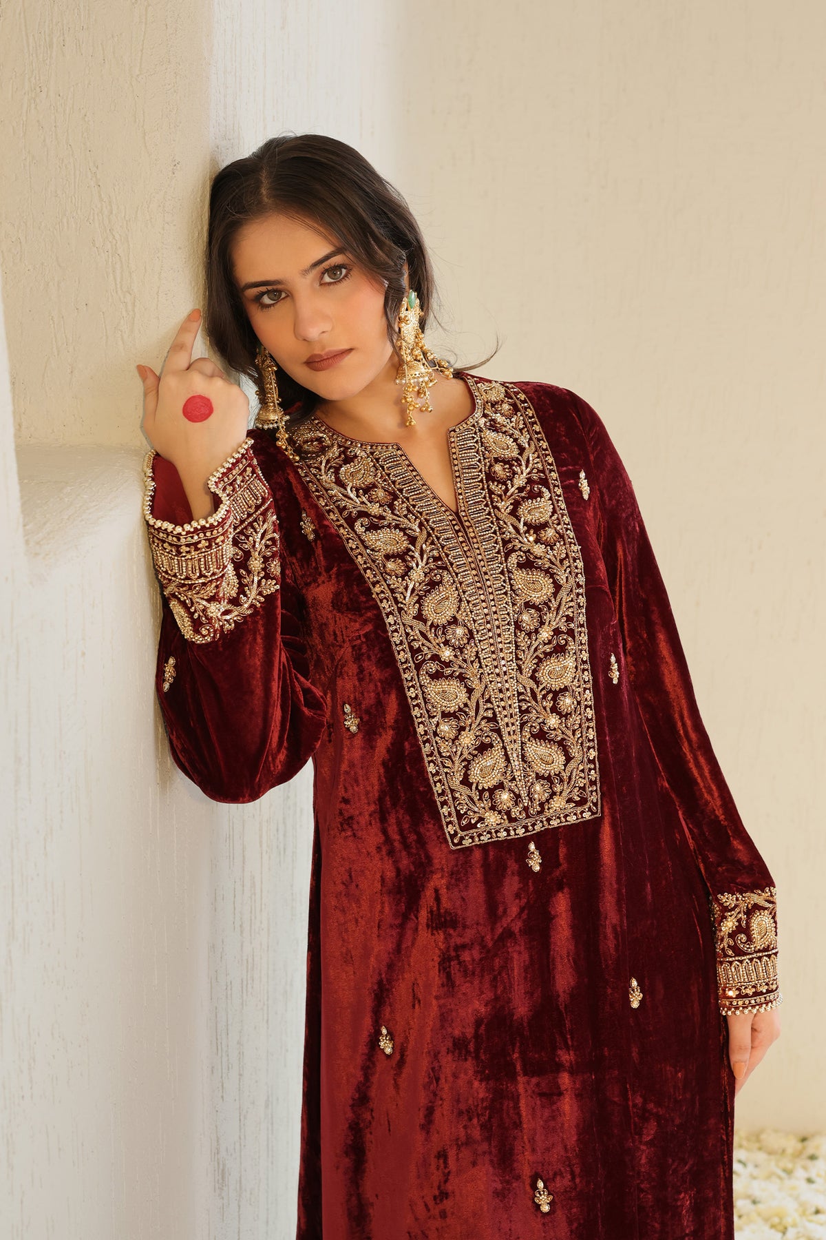 Maroon velvet ensemble with delicate embroidery
