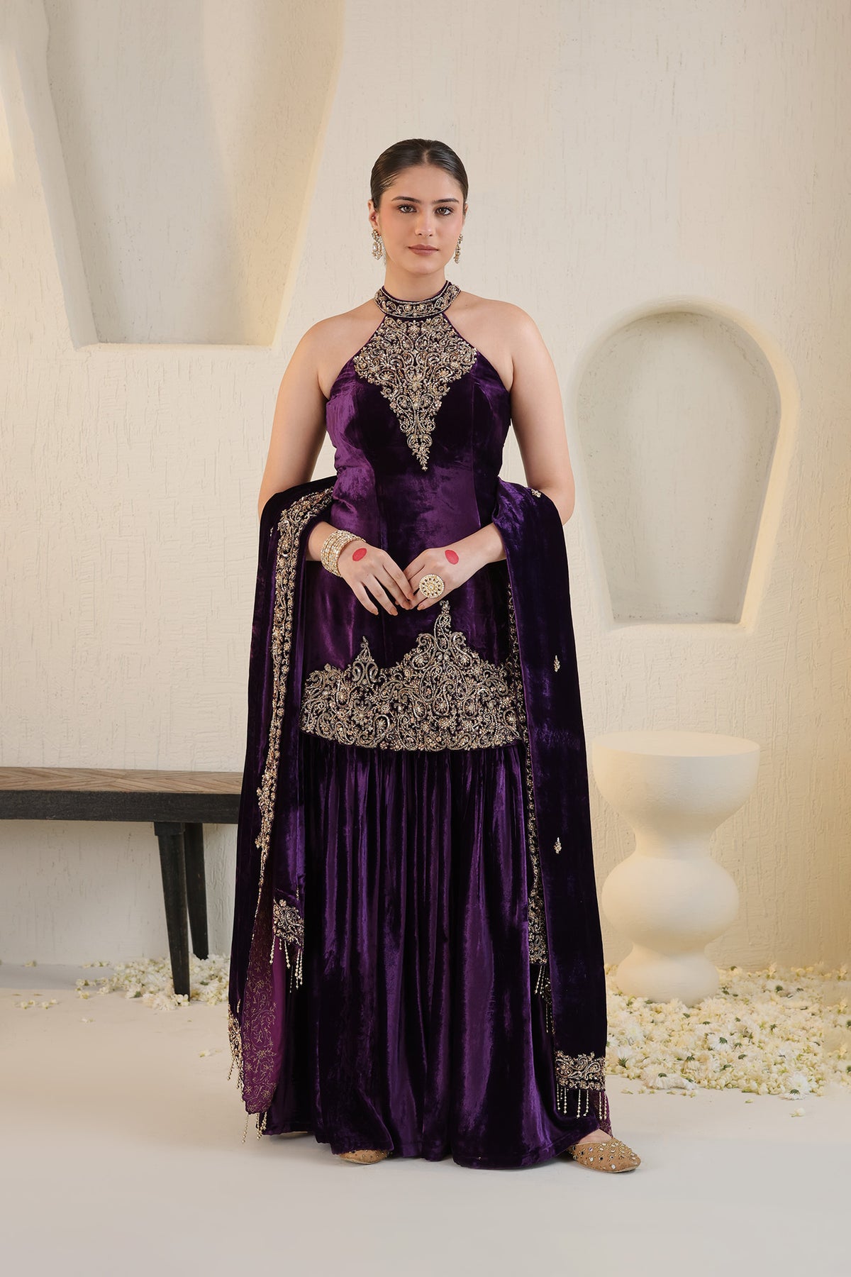Deep purple halter neck velvet sharara set