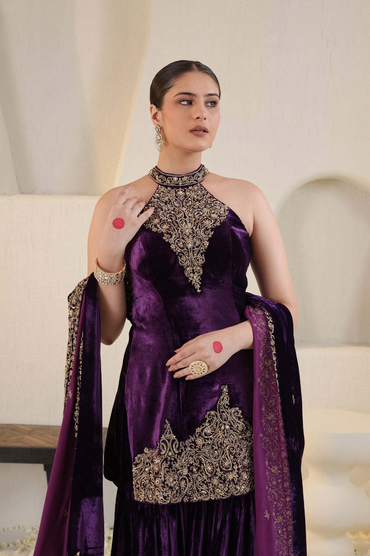 Deep purple halter neck velvet sharara set