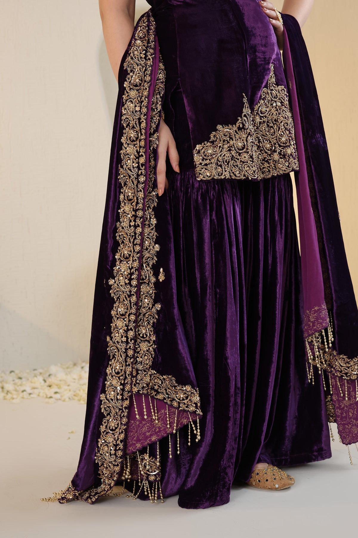 Deep purple halter neck velvet sharara set