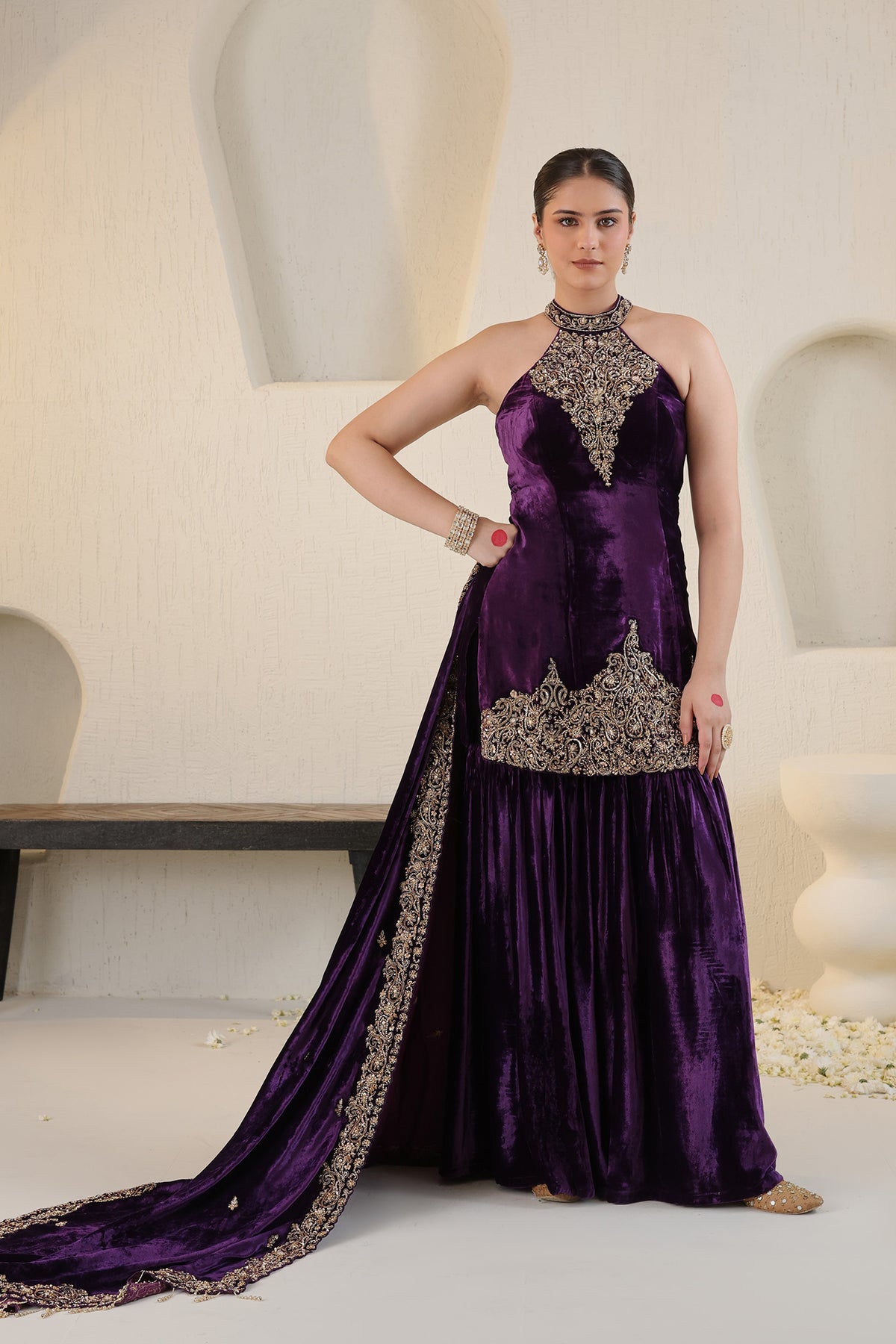 Deep purple halter neck velvet sharara set