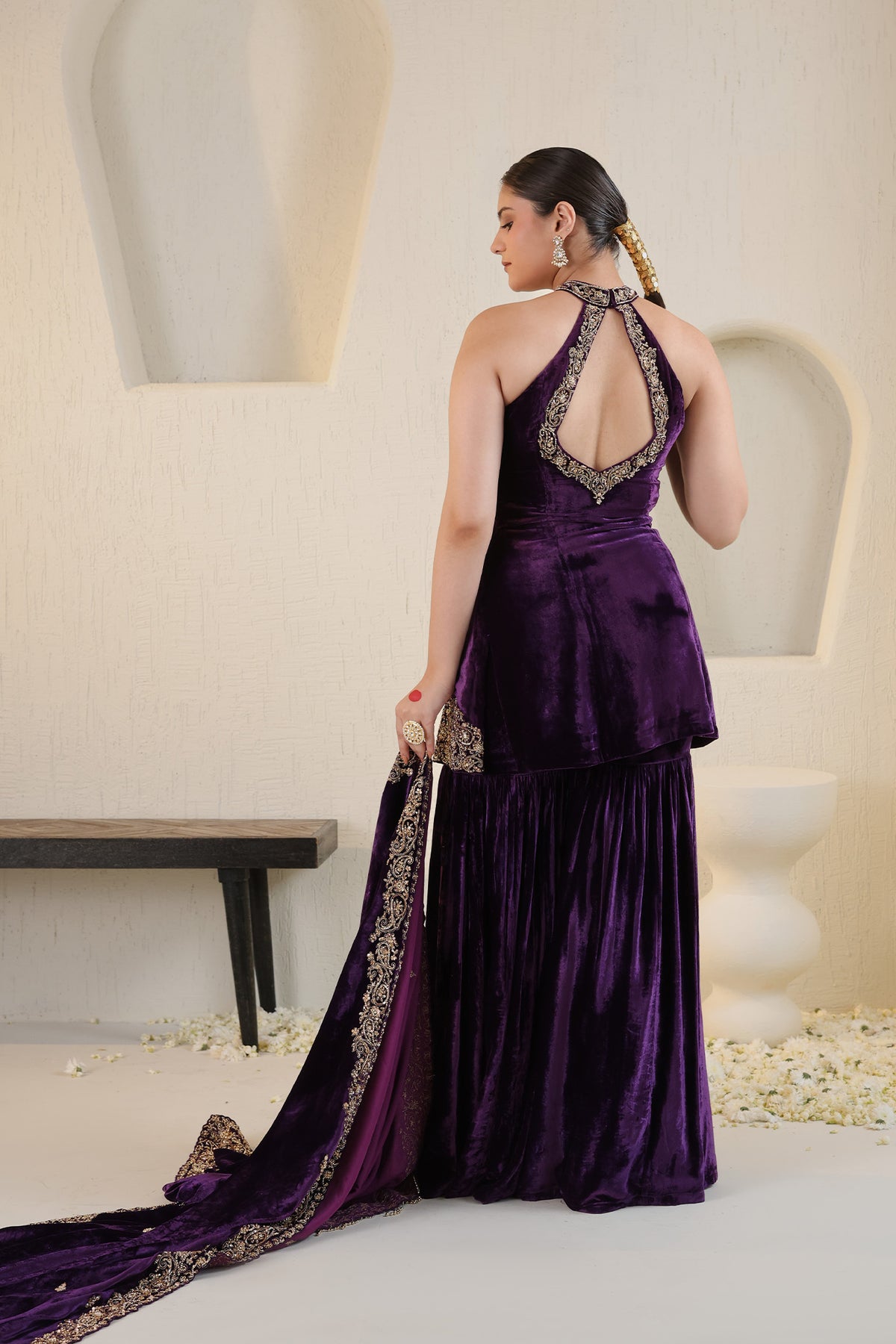 Deep purple halter neck velvet sharara set