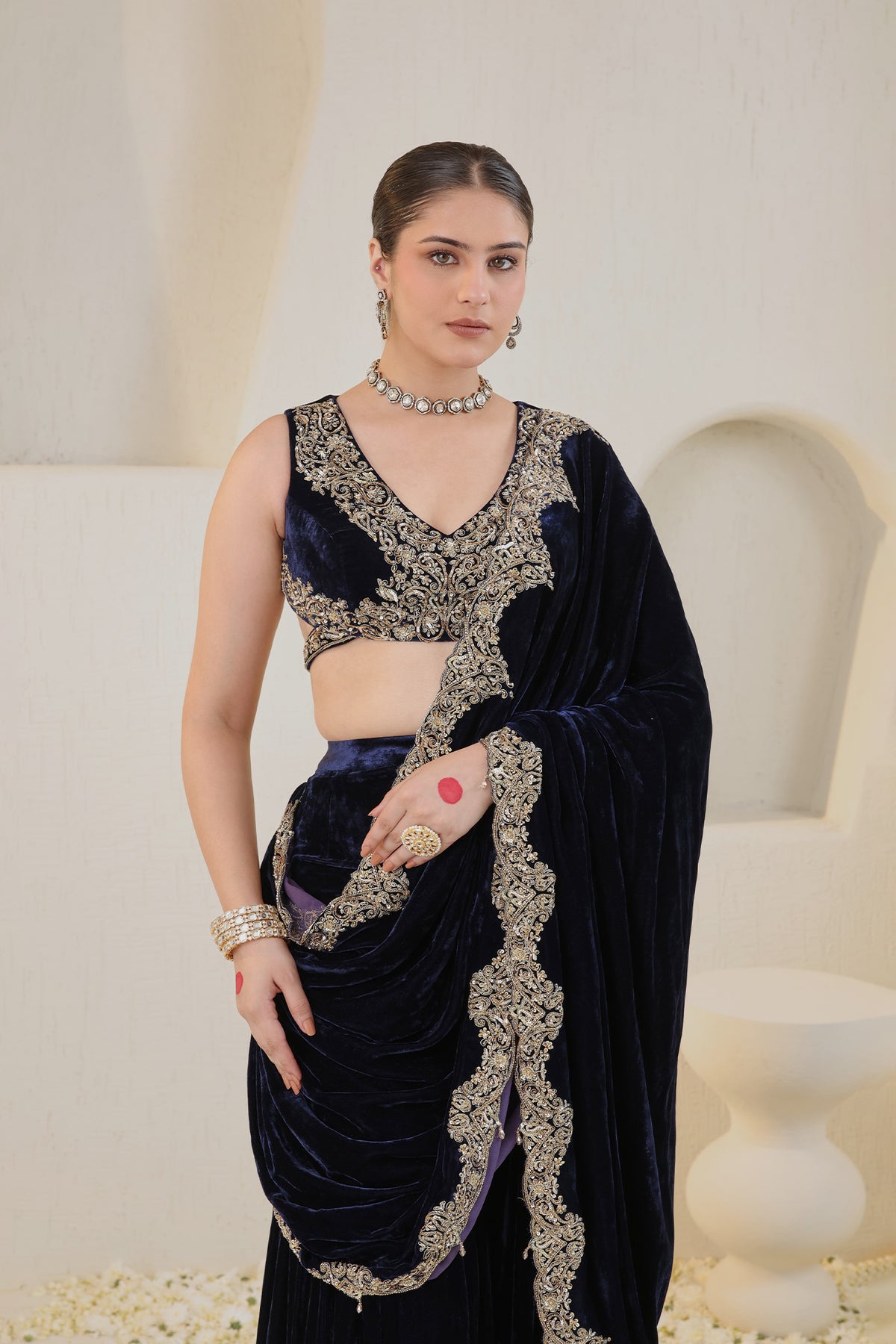 Midnight blue embroidered velvet saree