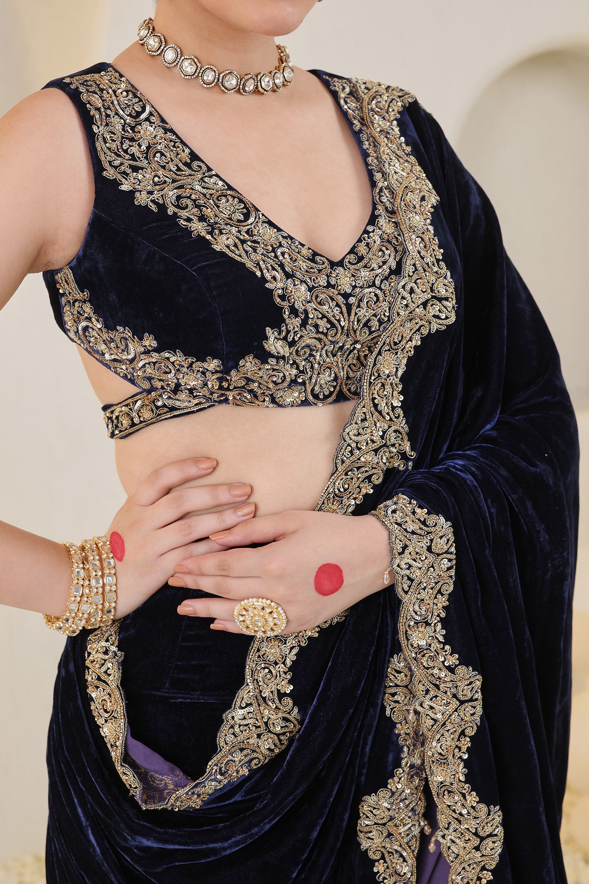 Midnight blue embroidered velvet saree