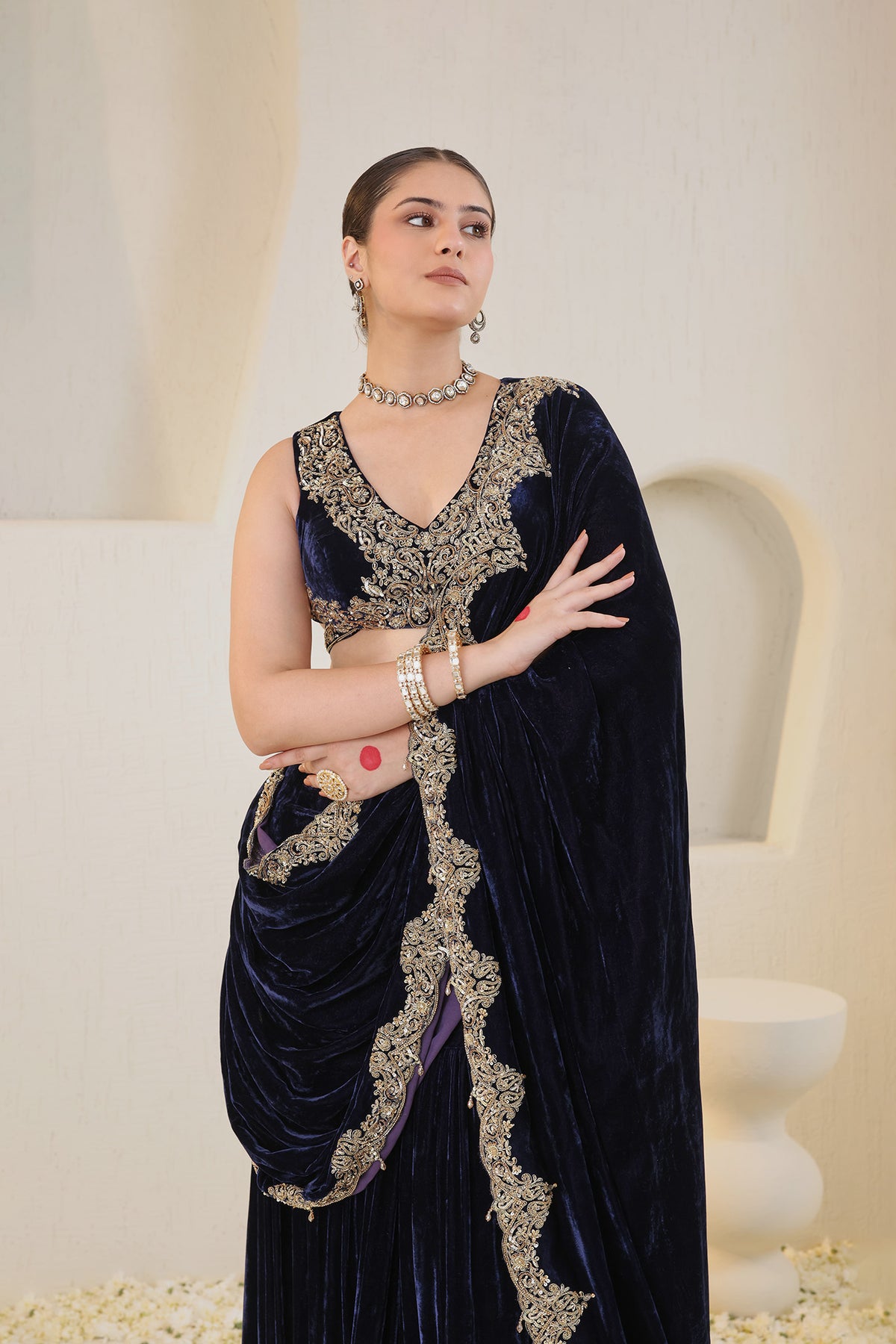 Midnight blue embroidered velvet saree