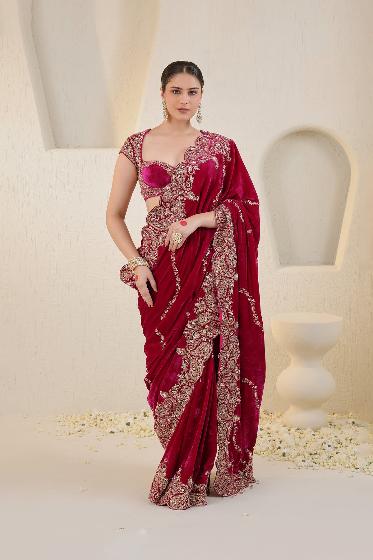 Hot pink velvet saree with gold embroidery