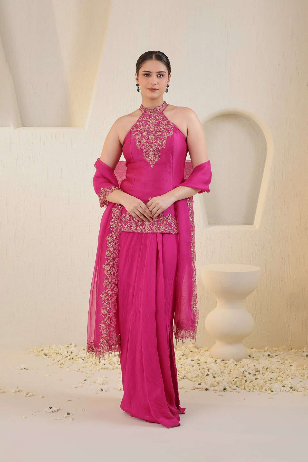 Fushia pink halter neck silk ensemble with embroidered dupatta