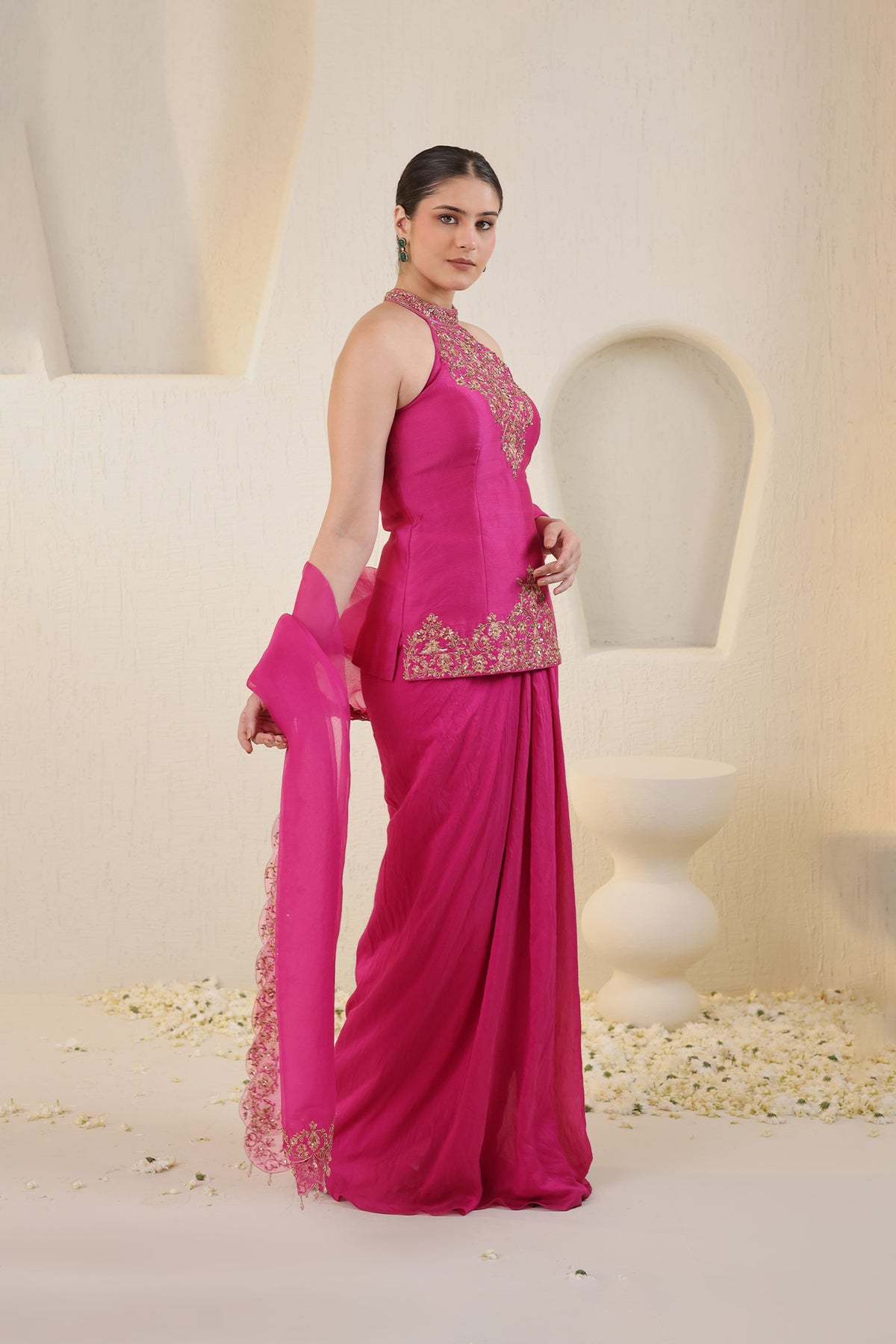 Fushia pink halter neck silk ensemble with embroidered dupatta