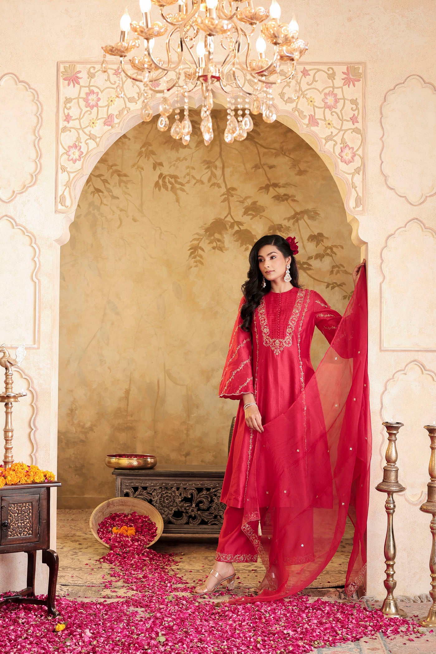 Scarlet red kurta set with floral detailing