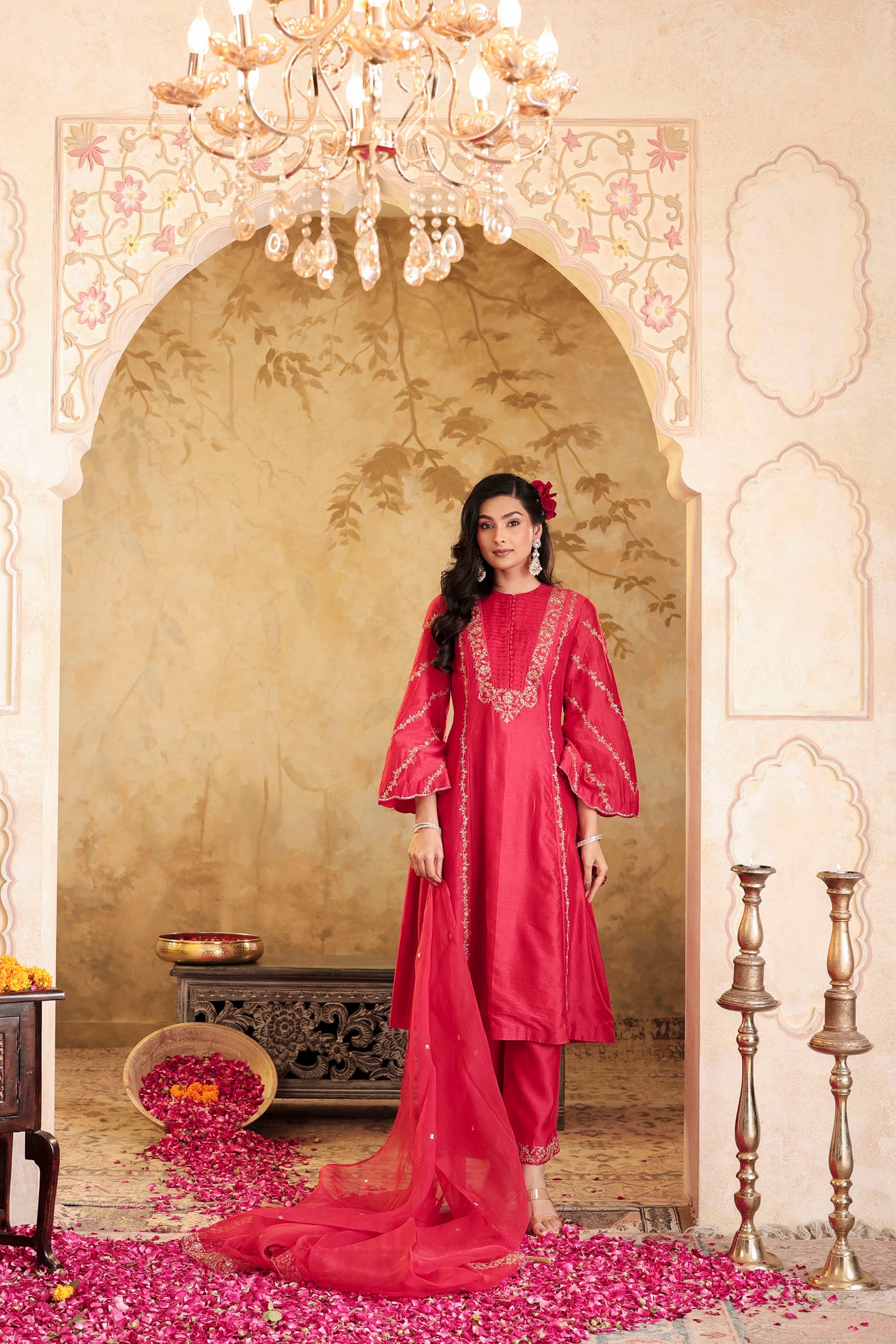 Scarlet red kurta set with floral detailing