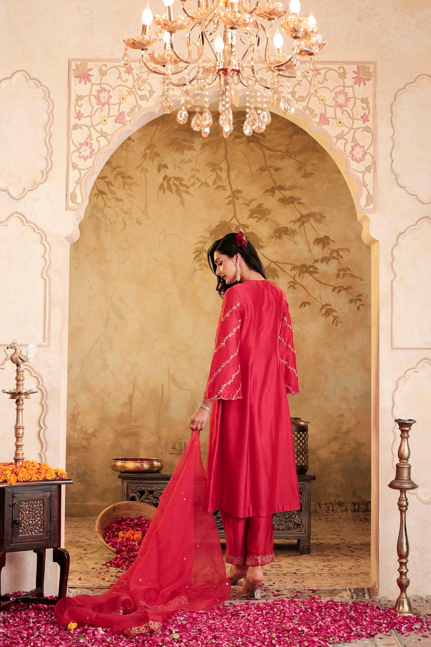 Scarlet red kurta set with floral detailing