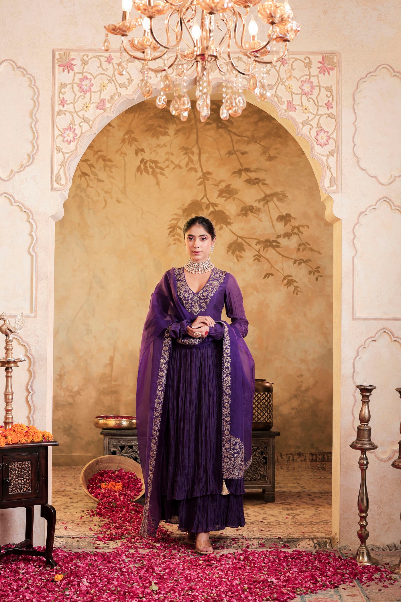 Royal purple anarkali woven with golden dreams