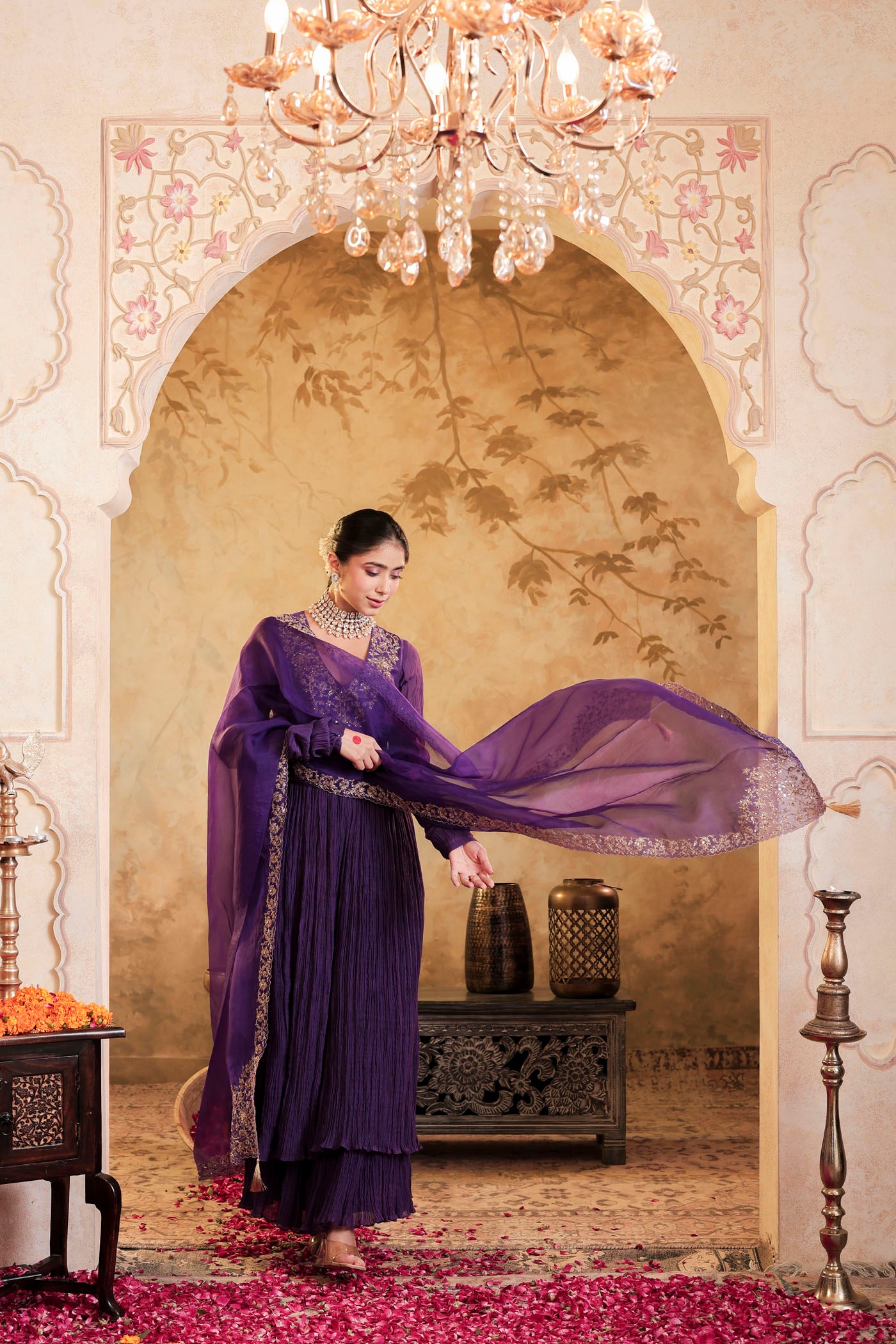 Royal purple anarkali woven with golden dreams