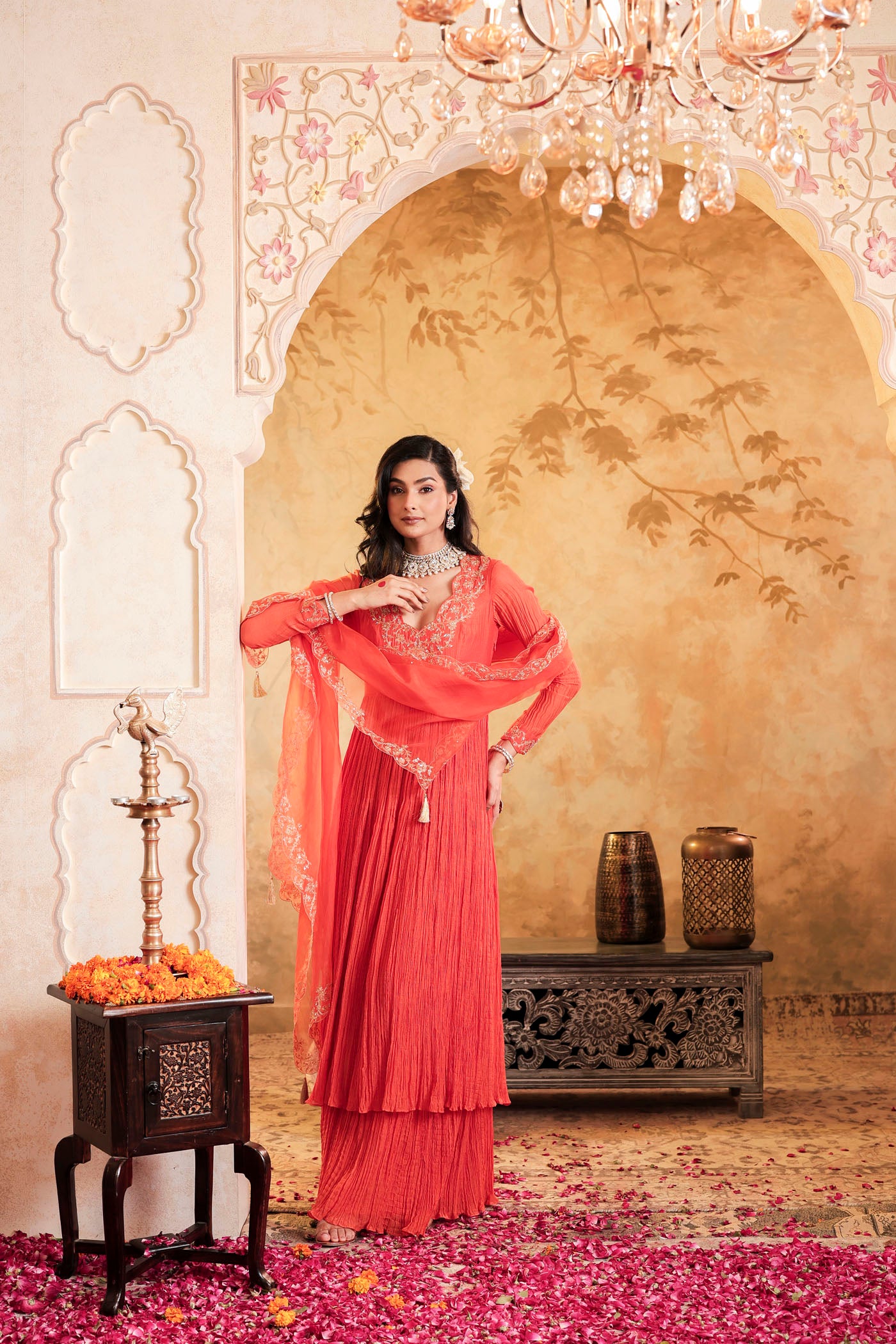 Tangerine micro pleated anarkali set with fine golden zari embroidery
