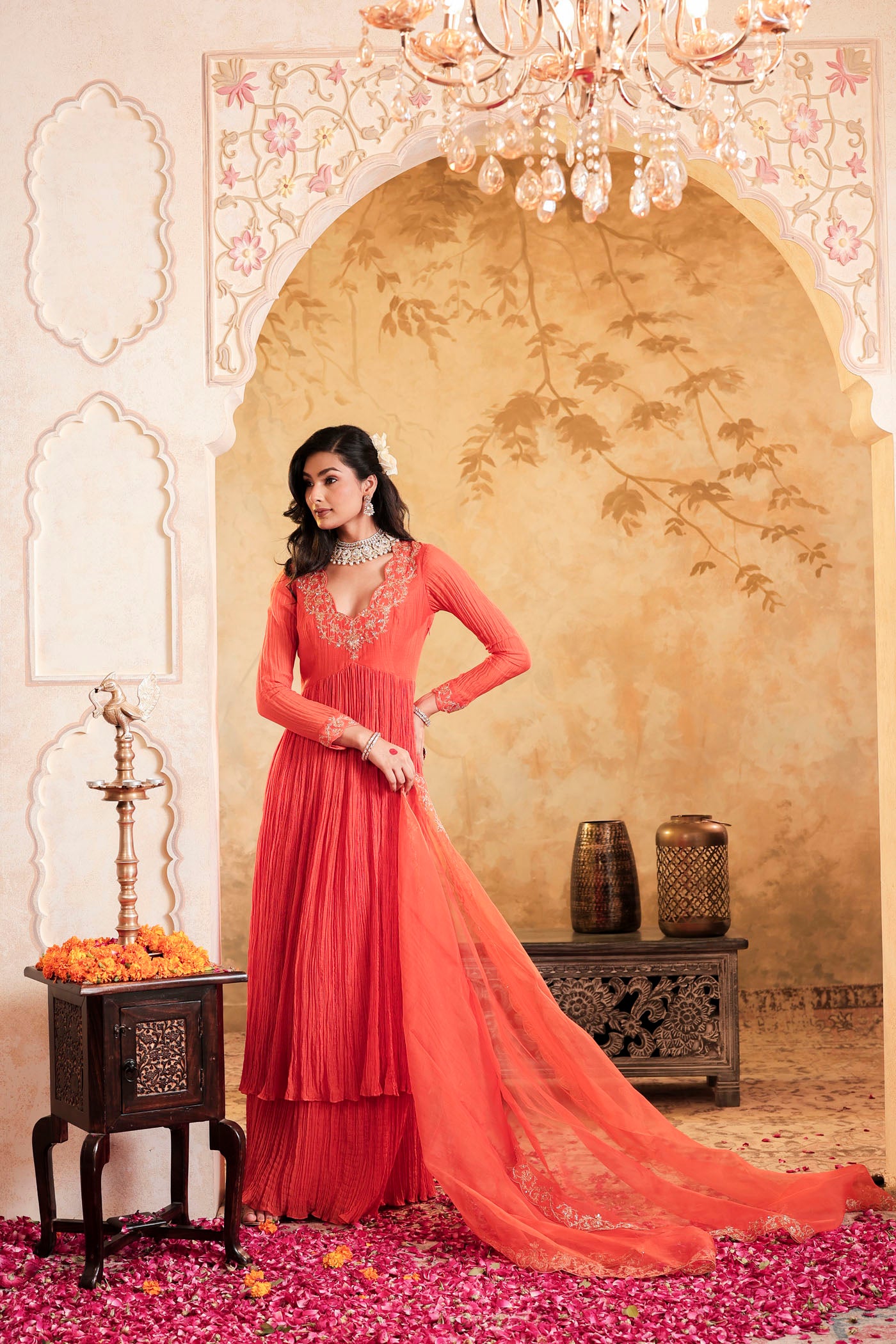 Tangerine micro pleated anarkali set with fine golden zari embroidery