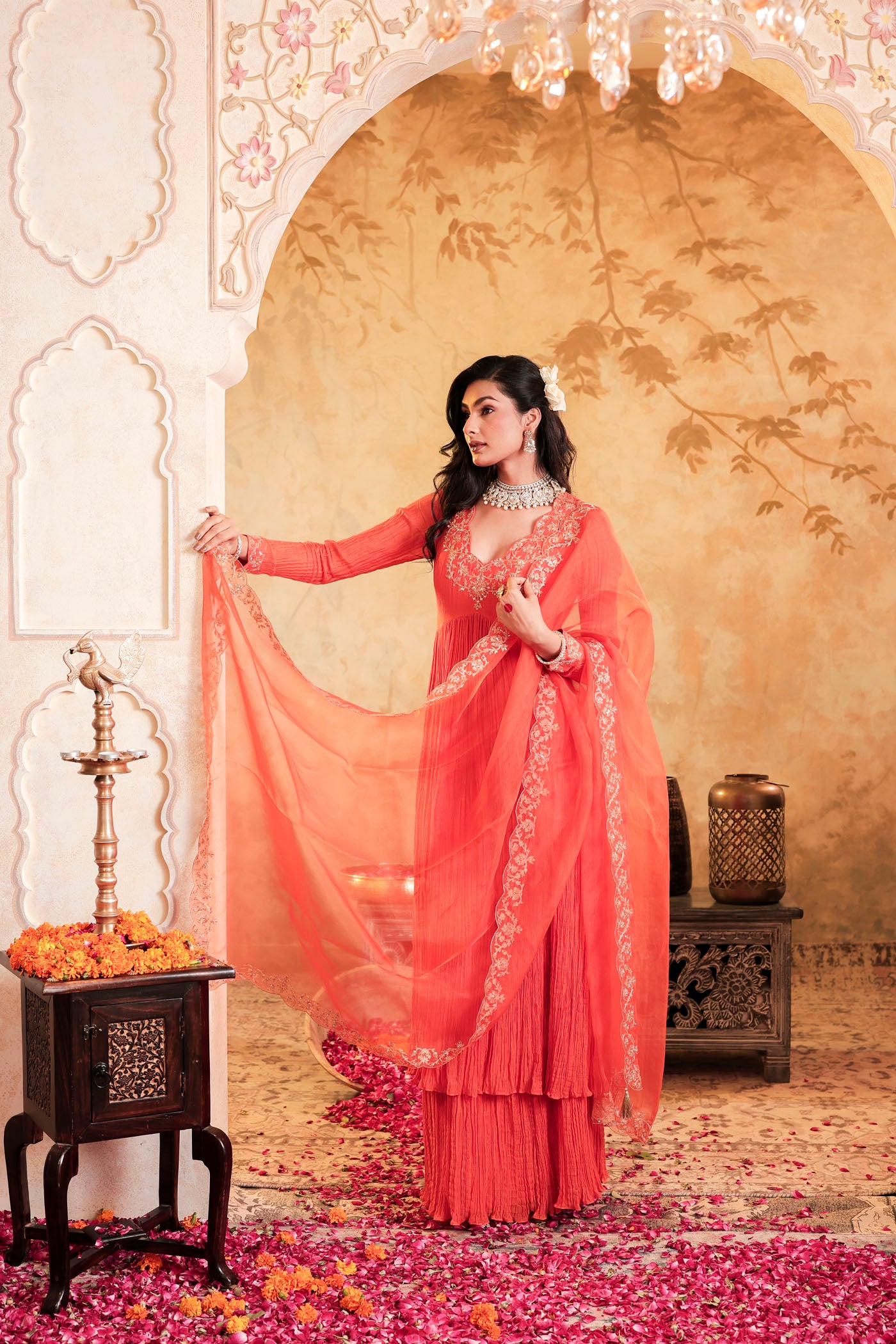 Tangerine micro pleated anarkali set with fine golden zari embroidery
