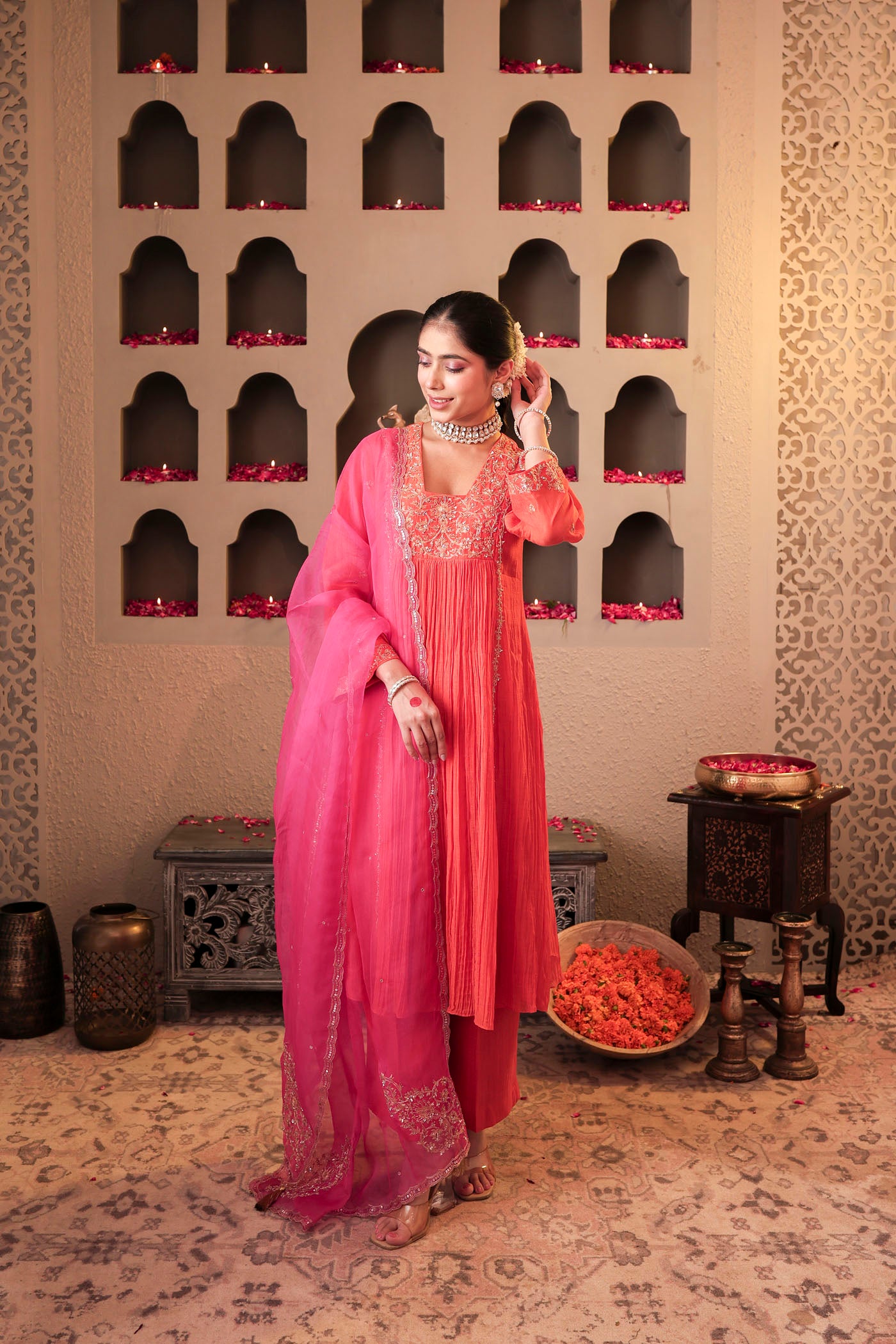 Coral peach pleated anarkali with shimmering accents