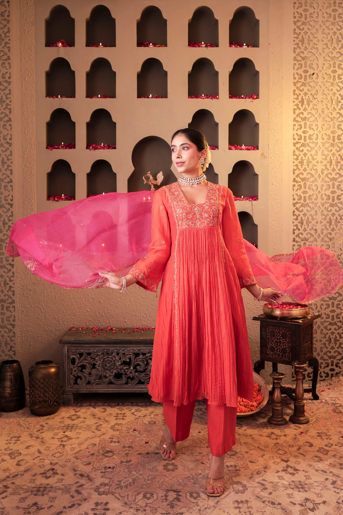 Coral peach pleated anarkali with shimmering accents