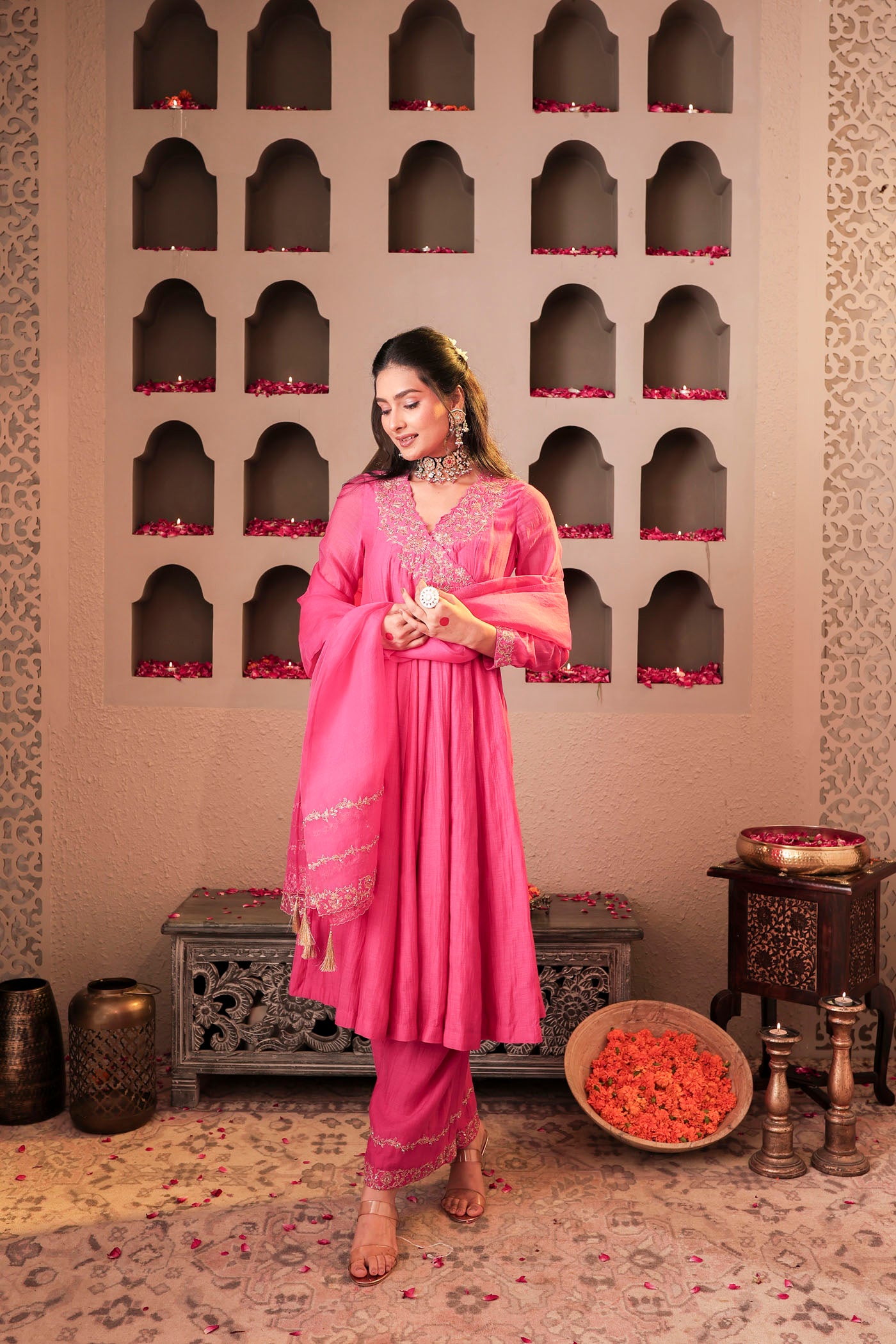 Rose pink angrakha with delicate sequin work