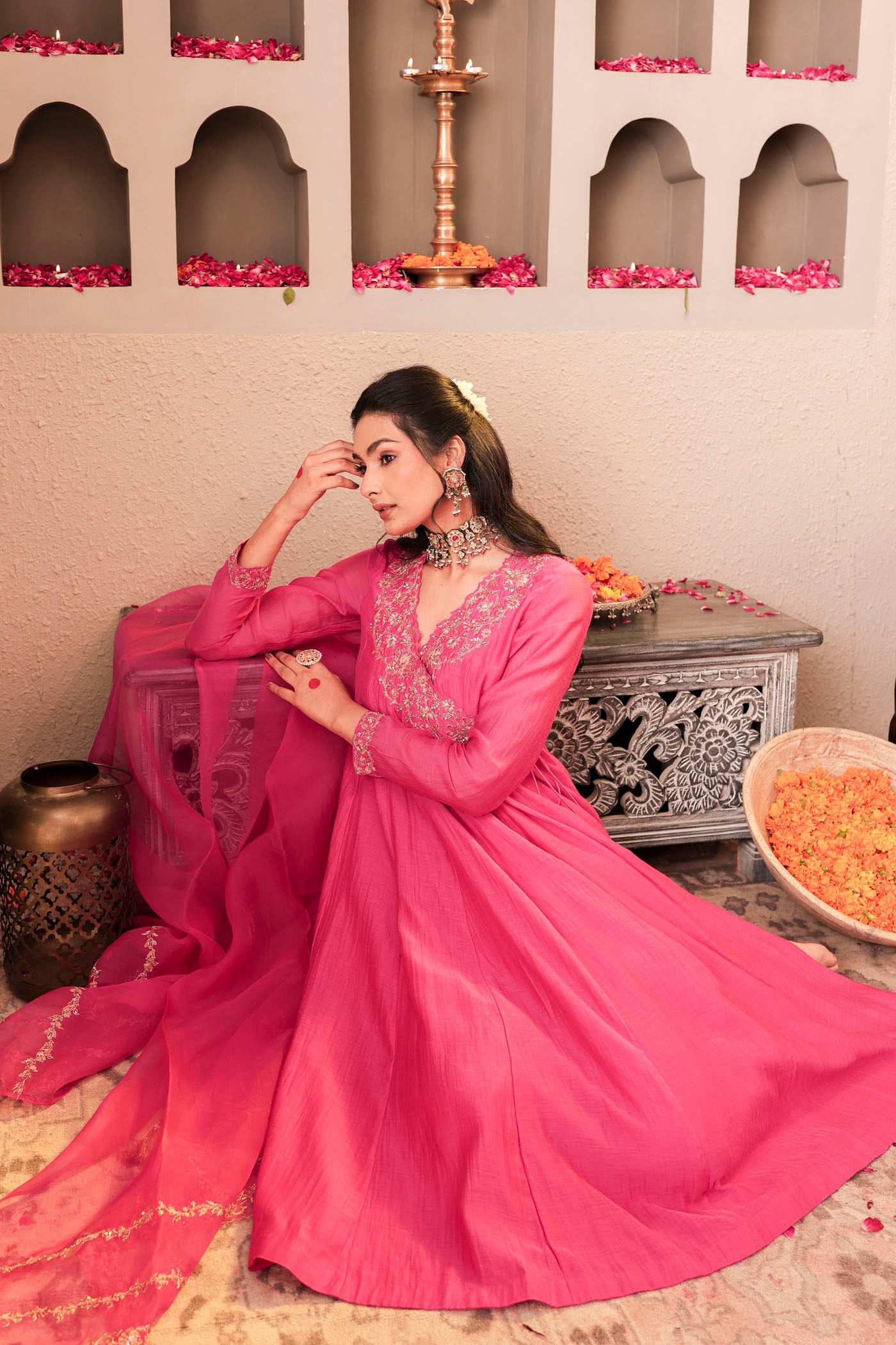 Rose pink angrakha with delicate sequin work