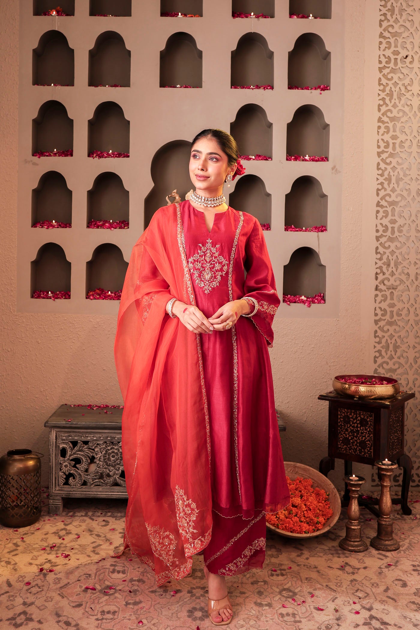 Ruby red kurta set with floral motif embroidery