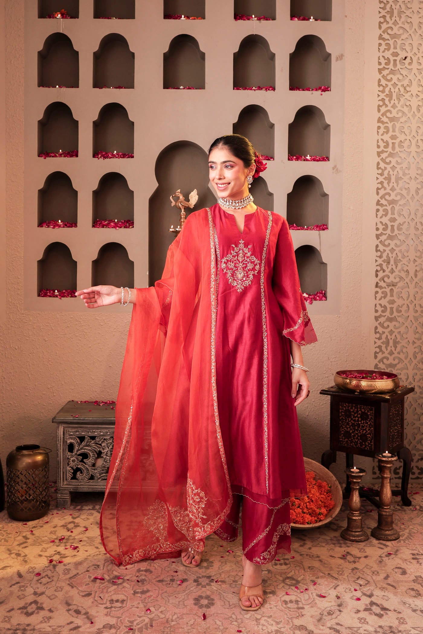 Ruby red kurta set with floral motif embroidery