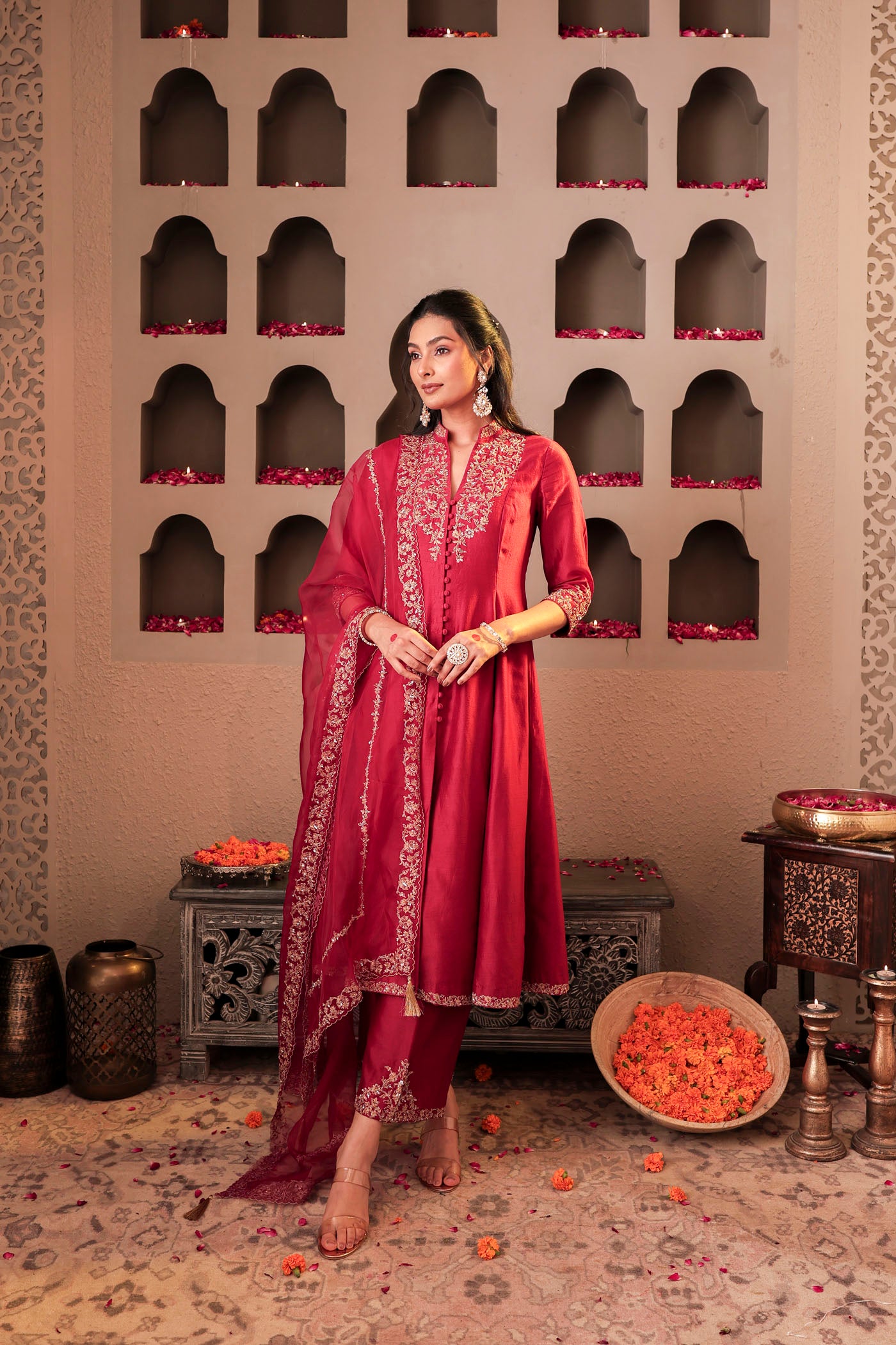 Maroon silk kurta set with intricate borders