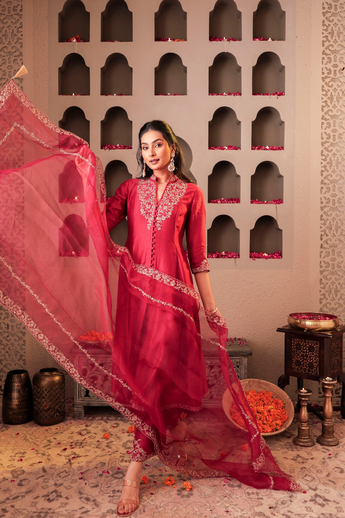 Maroon silk kurta set with intricate borders