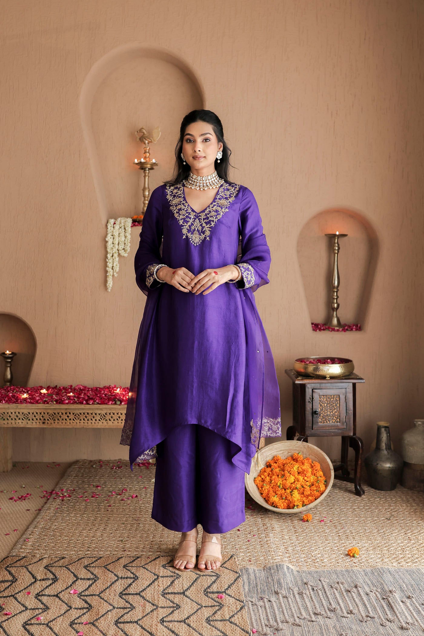 Violet silk kurta set with regal gold embroidery