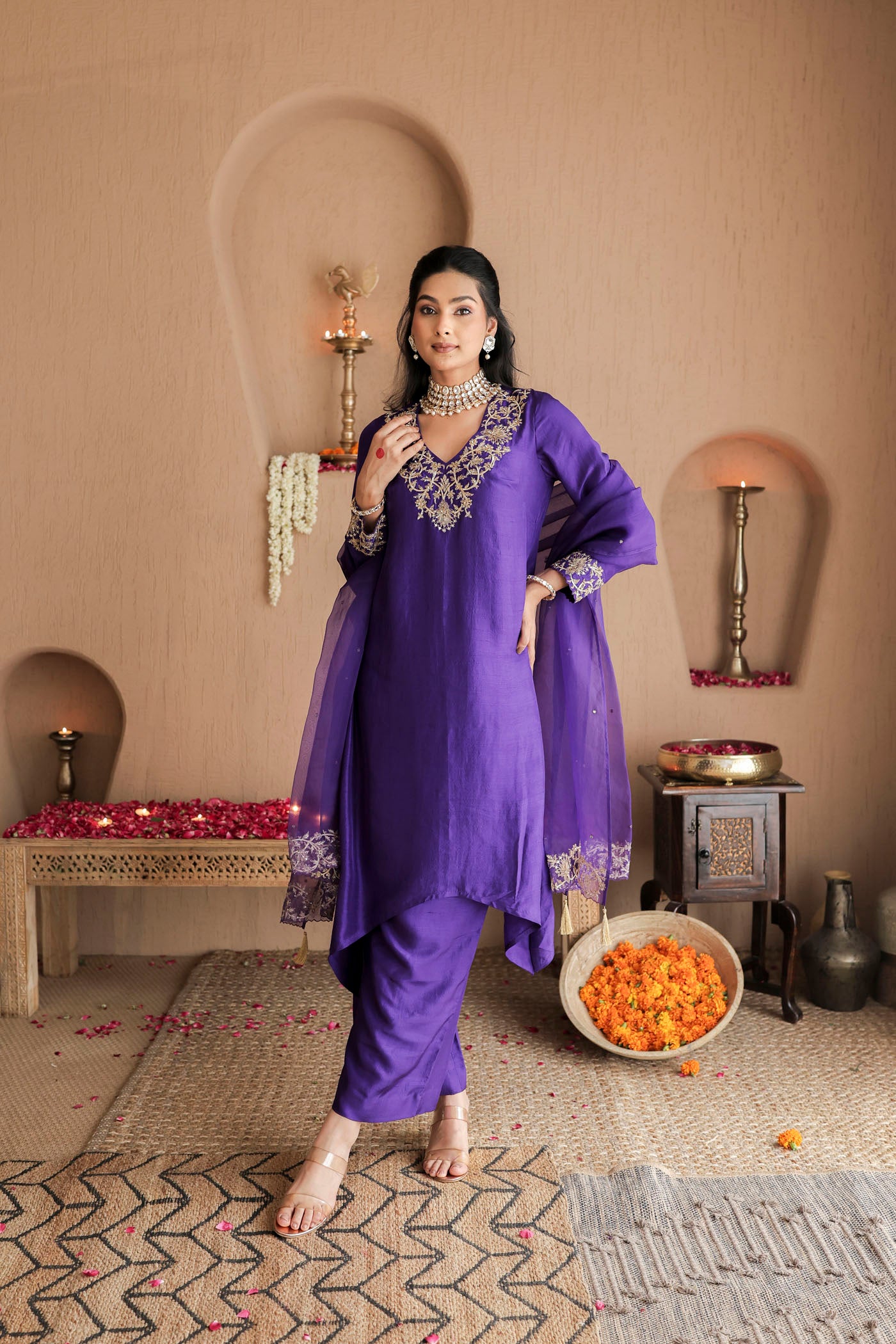 Violet silk kurta set with regal gold embroidery