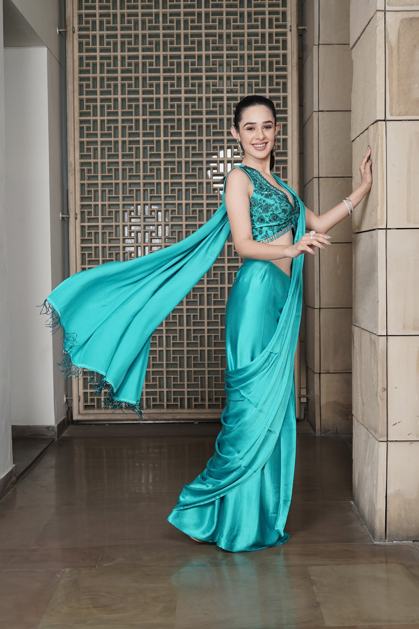 Turquoise Twilight Silk Satin Saree