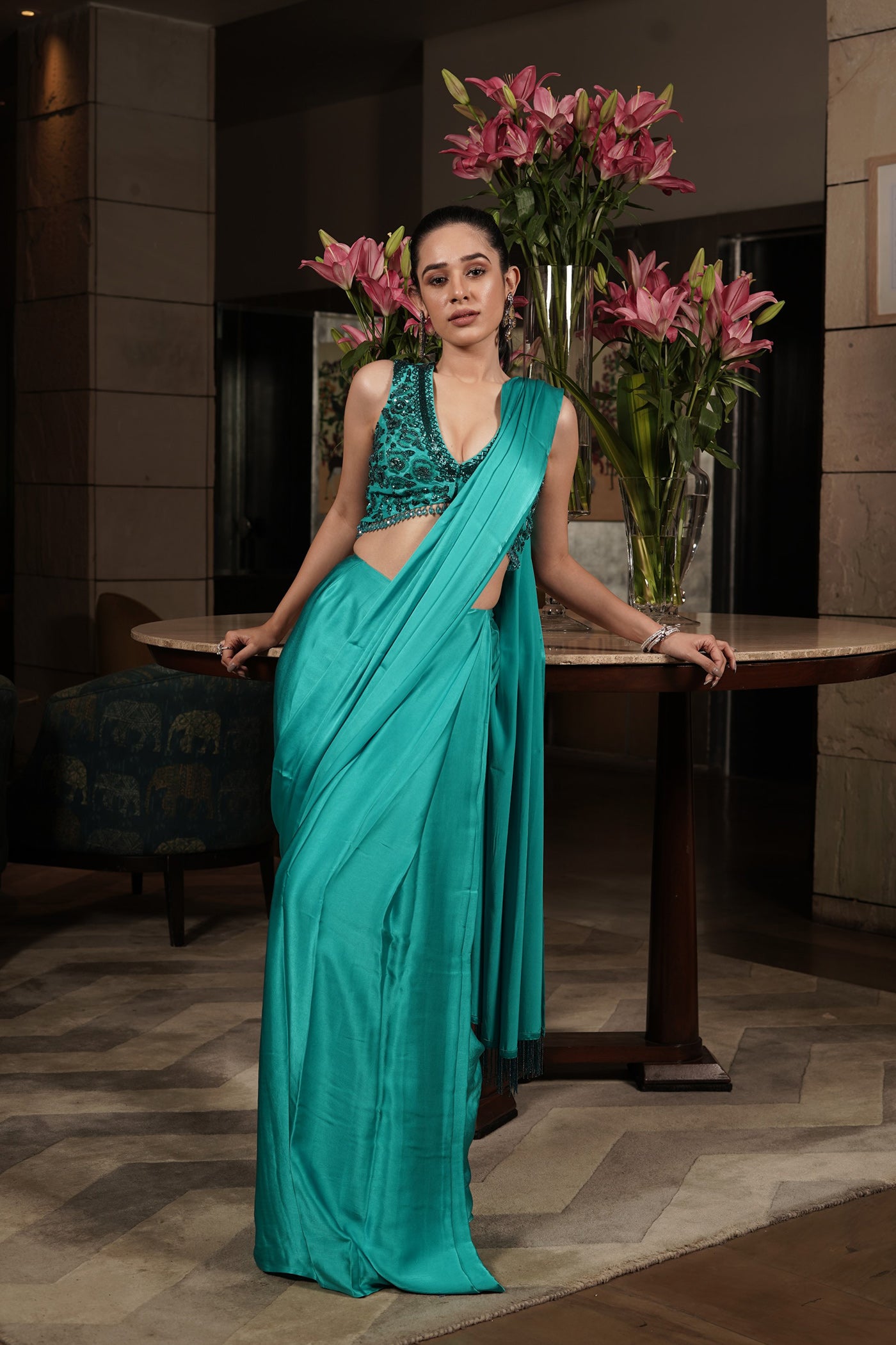 Turquoise Twilight Silk Satin Saree