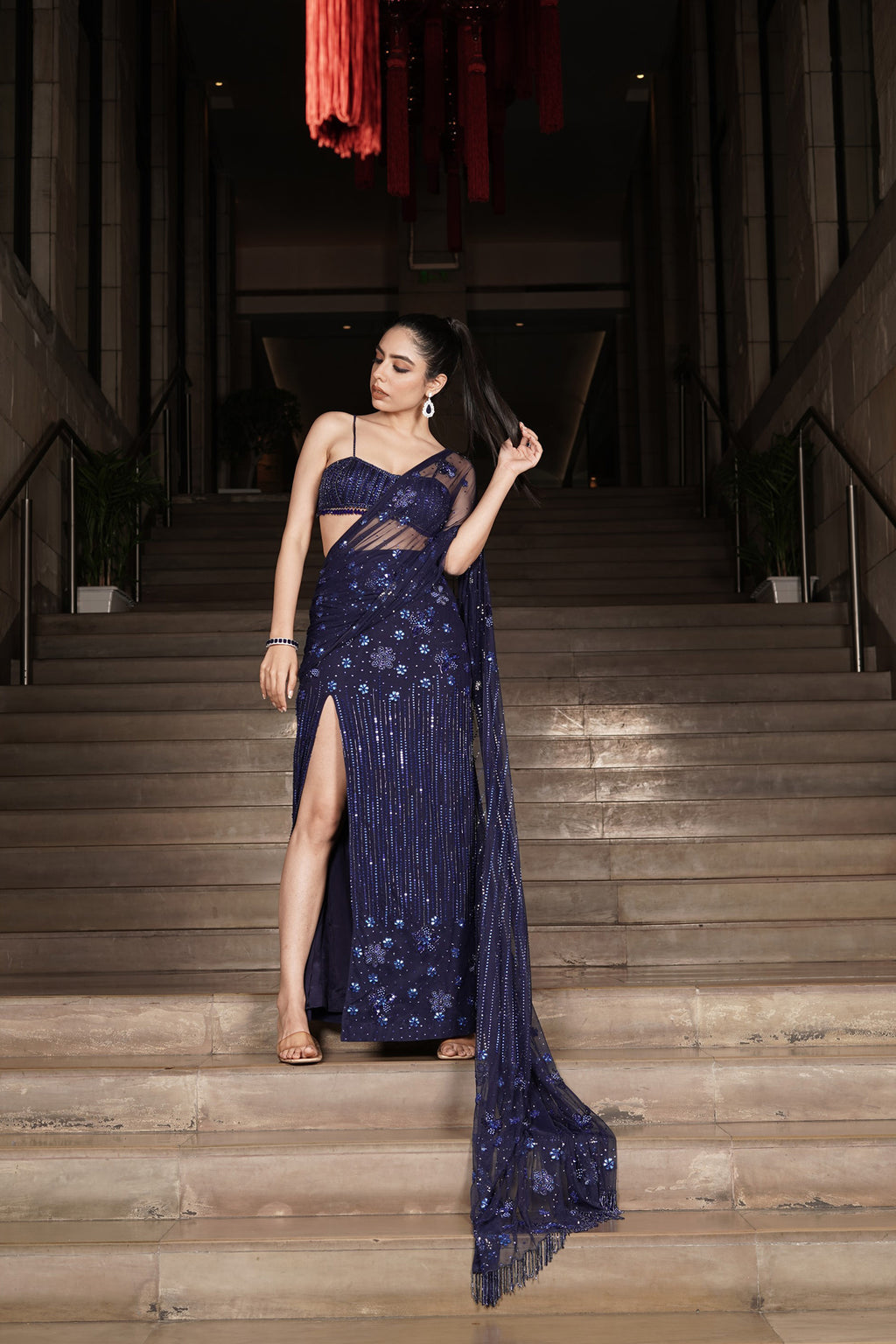 Midnight Blue Pre-Draped Slit Saree