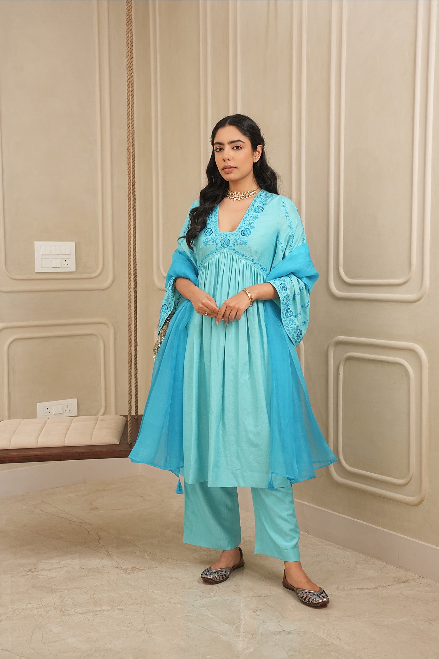 Turquoise Tranquility Kurta and palazzo set with dupatta