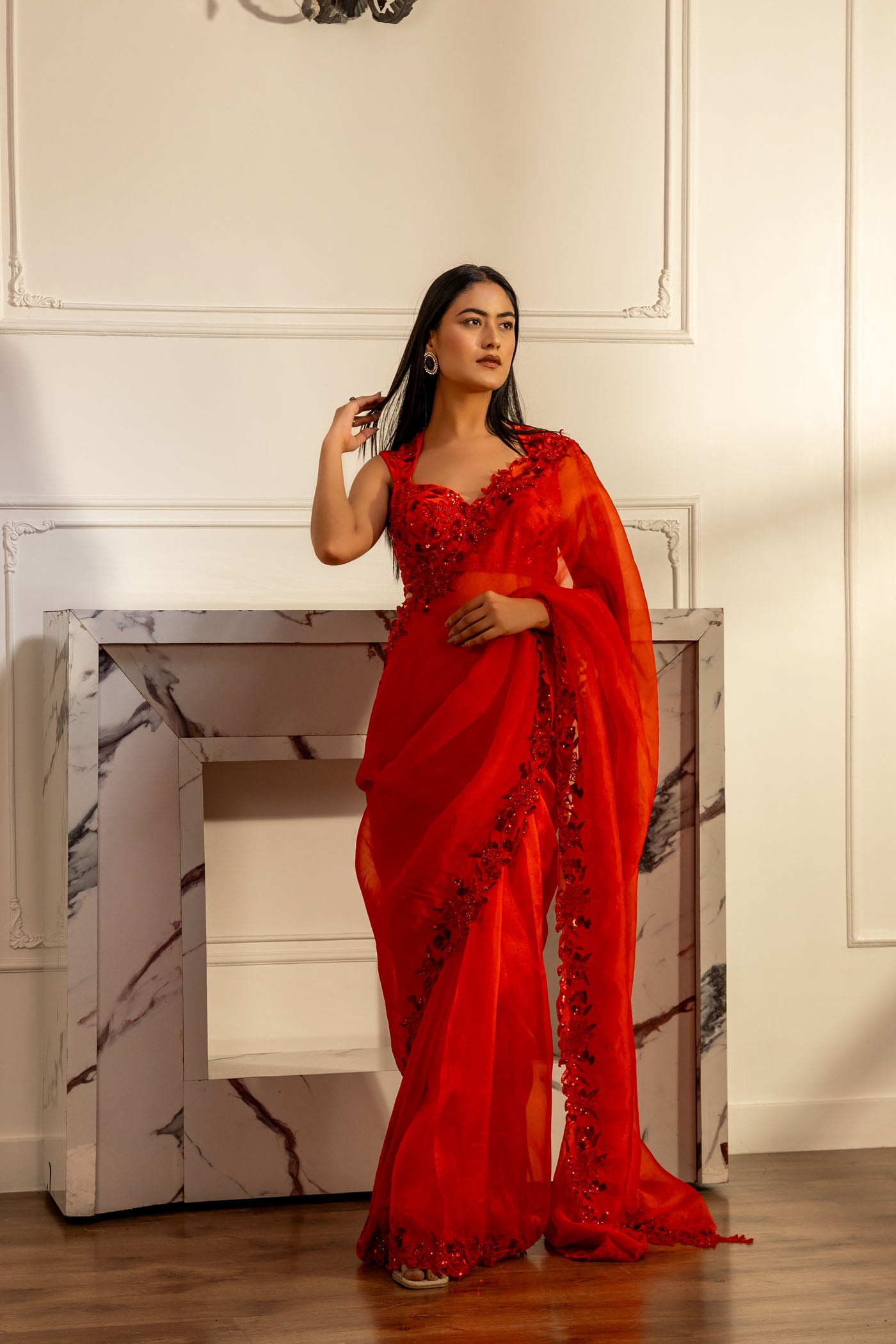 Crimson Cascade Saree