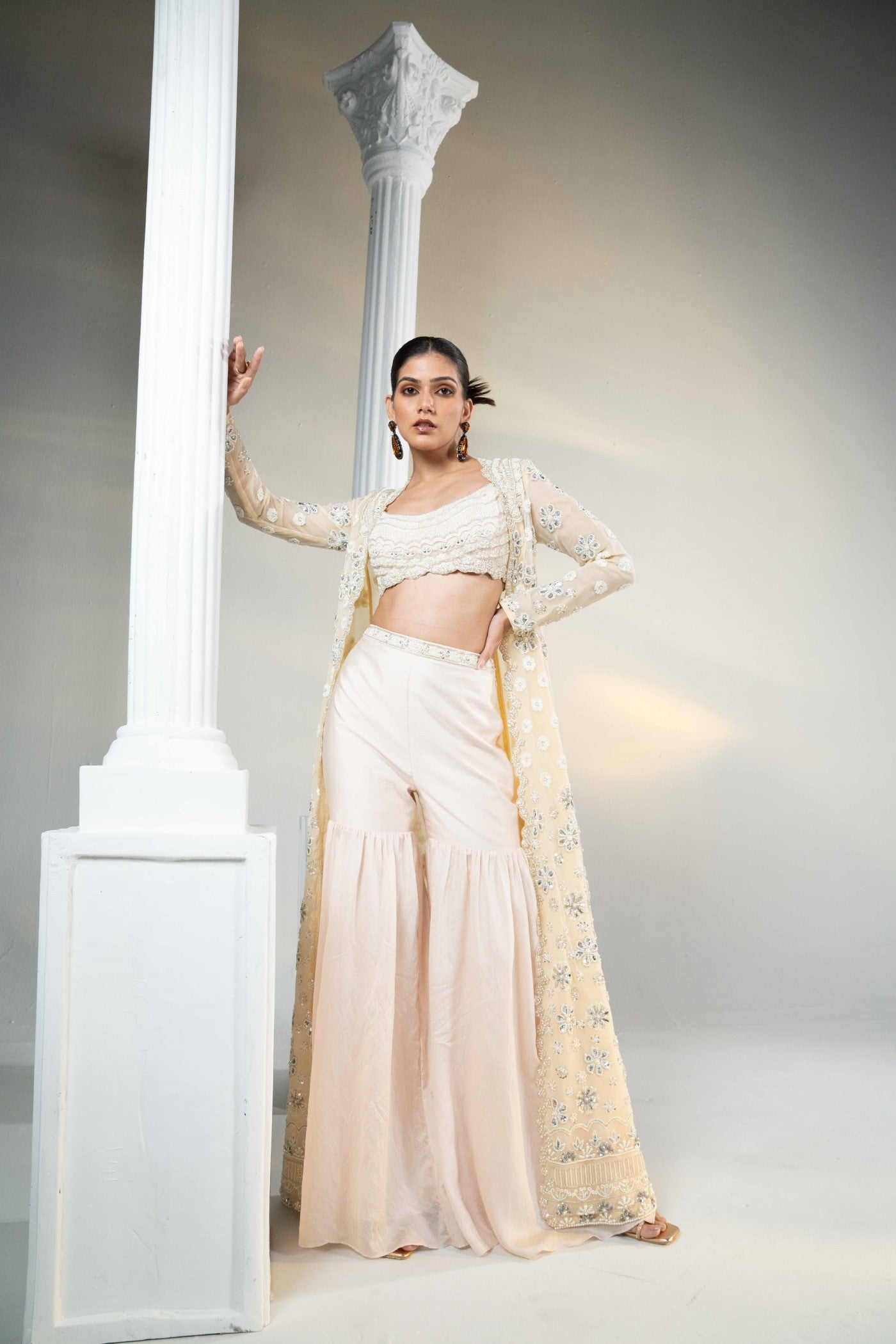 Beige Embellished Cape Set