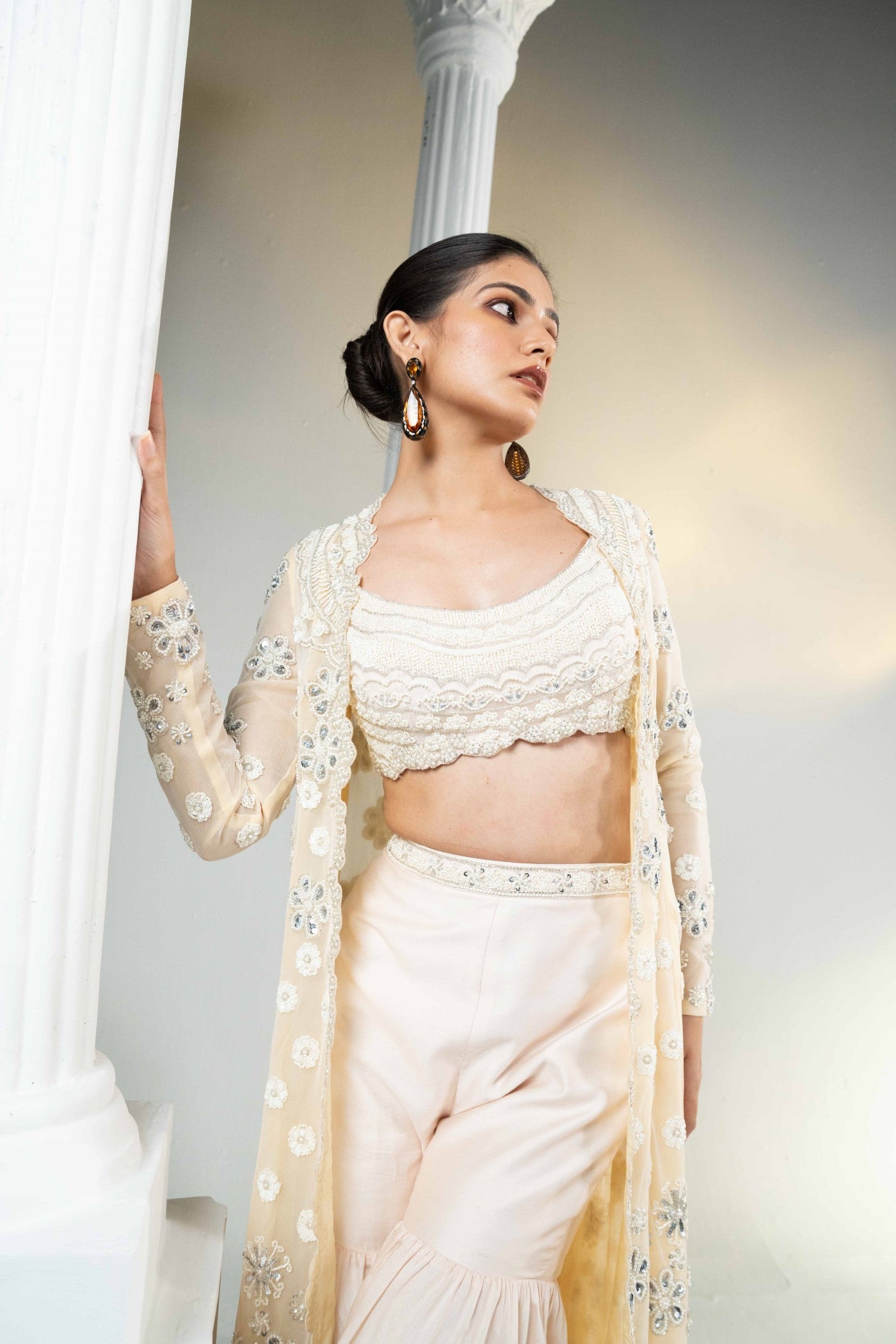 Beige Embellished Cape Set