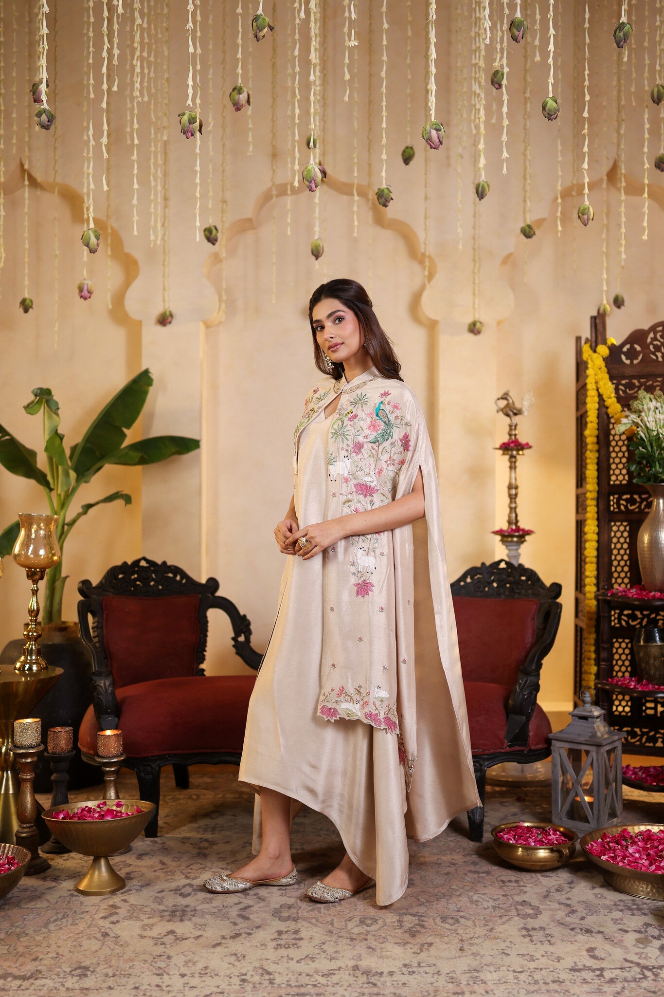 Ivory Ensemble with Embroidered Cape — three-quarter view