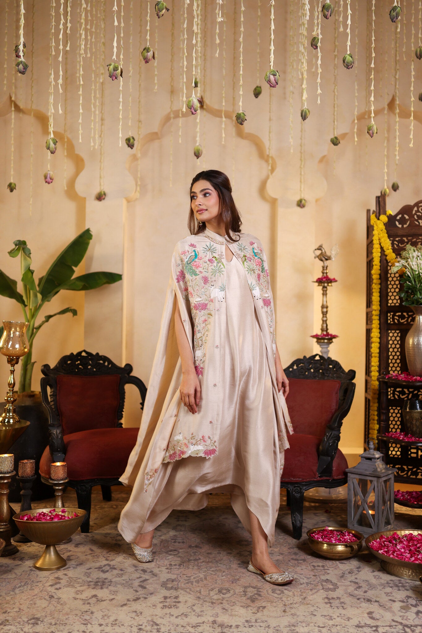 Ivory Ensemble with Embroidered Cape — side view