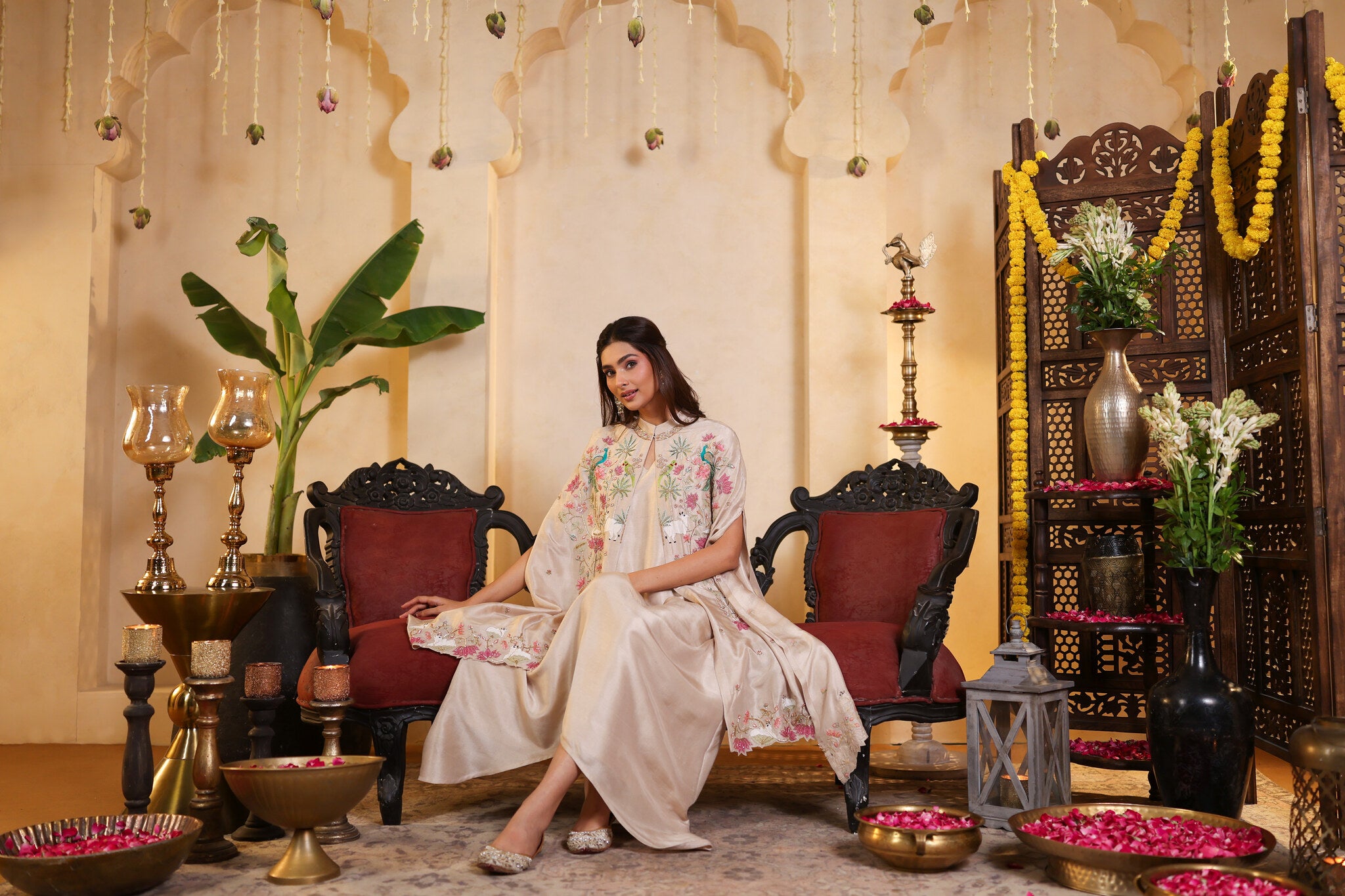 Ivory Ensemble with Embroidered Cape — seated