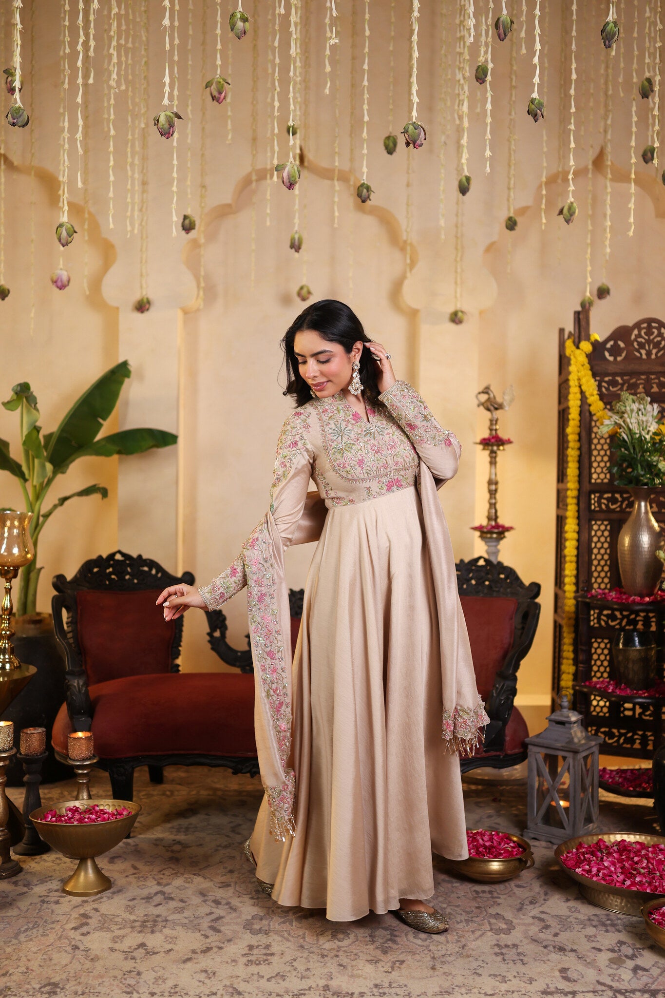 Ivory Anarkali with Pichwai Detailing — three-quarter view