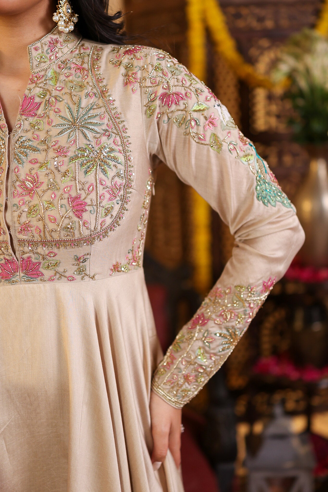 Ivory Anarkali with Pichwai Detailing — embroidered yoke detail