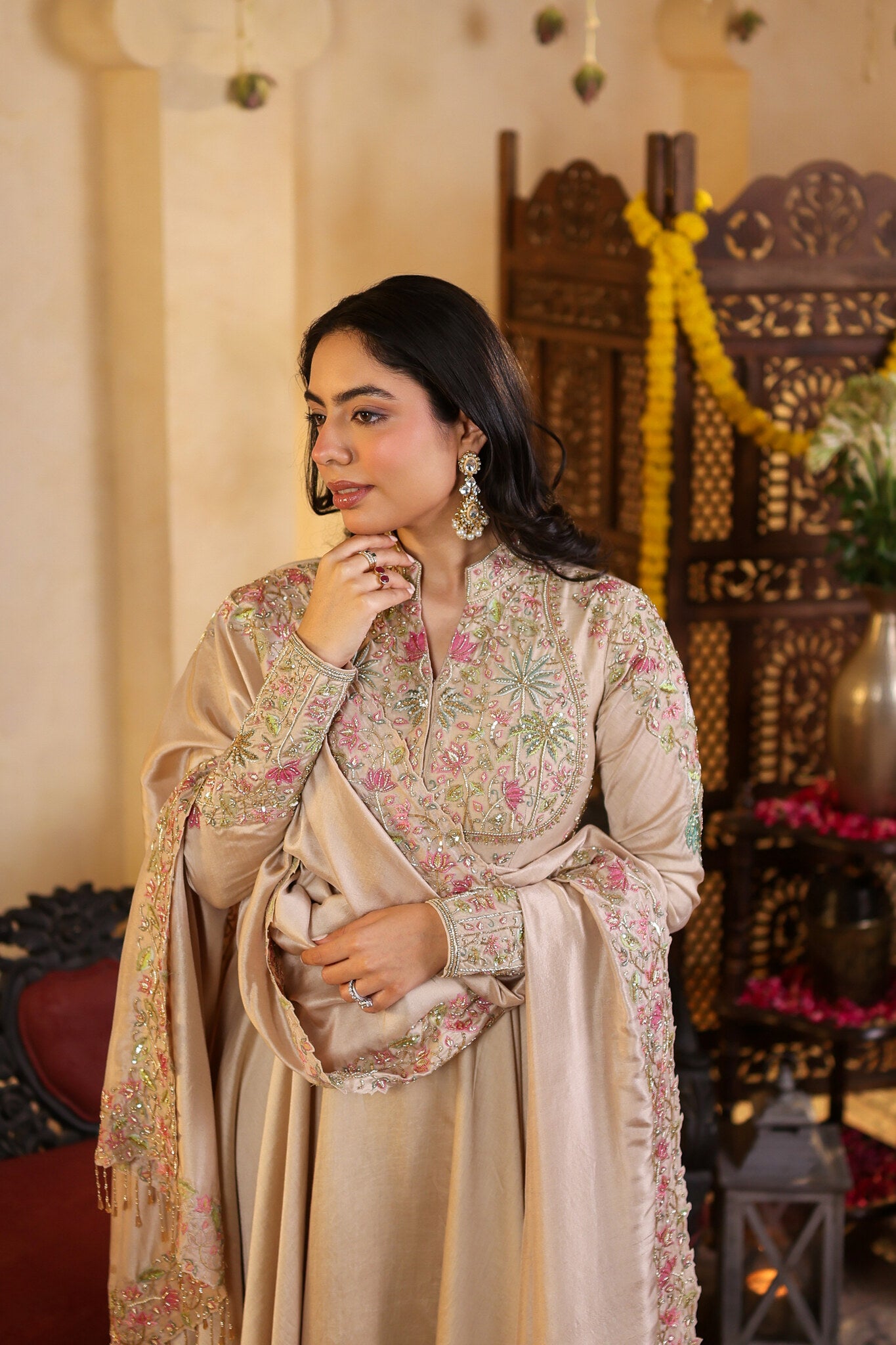 Ivory Anarkali with Pichwai Detailing — seated