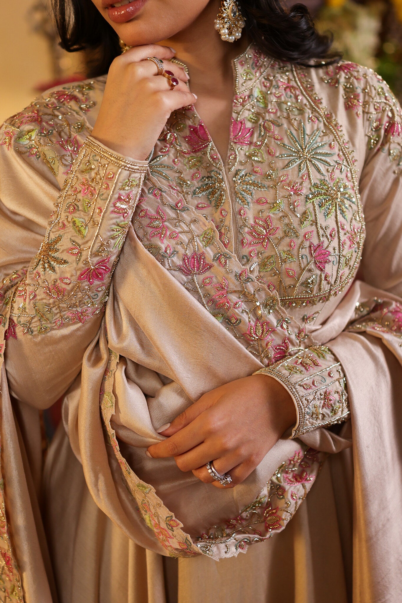 Ivory Anarkali with Pichwai Detailing — embroidered sleeve detail