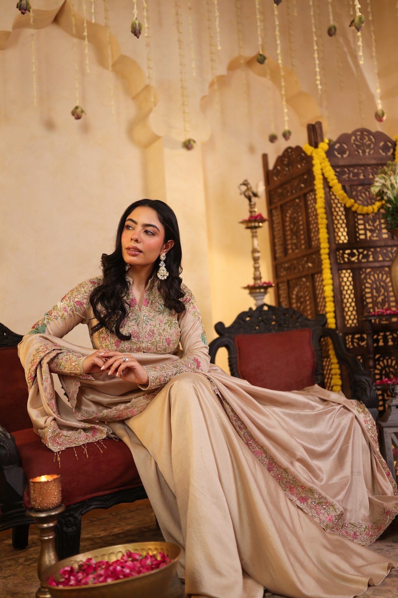 Ivory Anarkali with Pichwai Detailing — seated